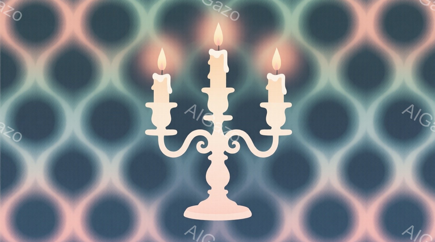 画像は、クリーム色の燭台で、3本のロウソクが点灯しています。背景は、かすれたピンクと青の幾何学模様で、夢のような雰囲気を醸し出しています。ロウソクの炎は明るく、優雅で静かな空間を演出しています。