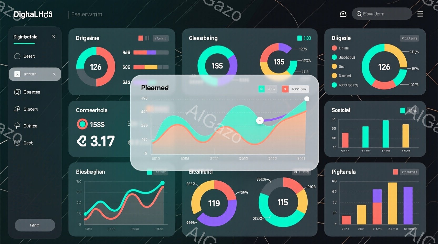 この画像は、様々な色と数値が並んだグラフとテキストで構成された抽象的な視覚表現です。円グラフ、折れ線グラフ、棒グラフが組み合わされており、各要素は数値によって示された何らかのデータを表しているようです。全体的に鮮やかでモダンな印象を与え、データの可視化を目的としたデザインであると考えられます。