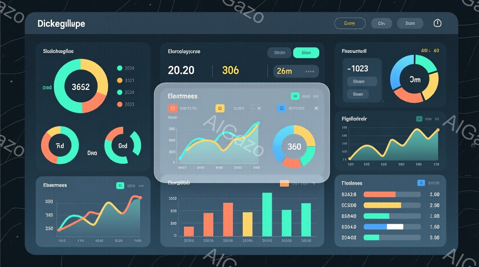 この画像は、様々なグラフと数値データが配置された抽象的な視覚表現です。円グラフ、棒グラフ、折れ線グラフが使用されており、それぞれに異なる色と数値ラベルが付いています。全体的に、データ分析や情報可視化を目的としたデザインで、背景は暗く、データが際立っています。