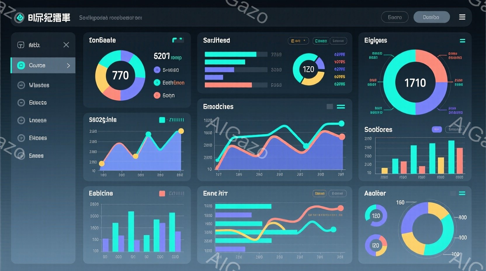 この画像は、複数の円グラフと棒グラフが配置されたデータ視覚化の集合体です。円グラフはそれぞれ数値を示し、棒グラフは時間経過に伴うデータの変化を示唆しています。全体的に、データ分析やプレゼンテーションに使用される抽象的な視覚表現のようです。