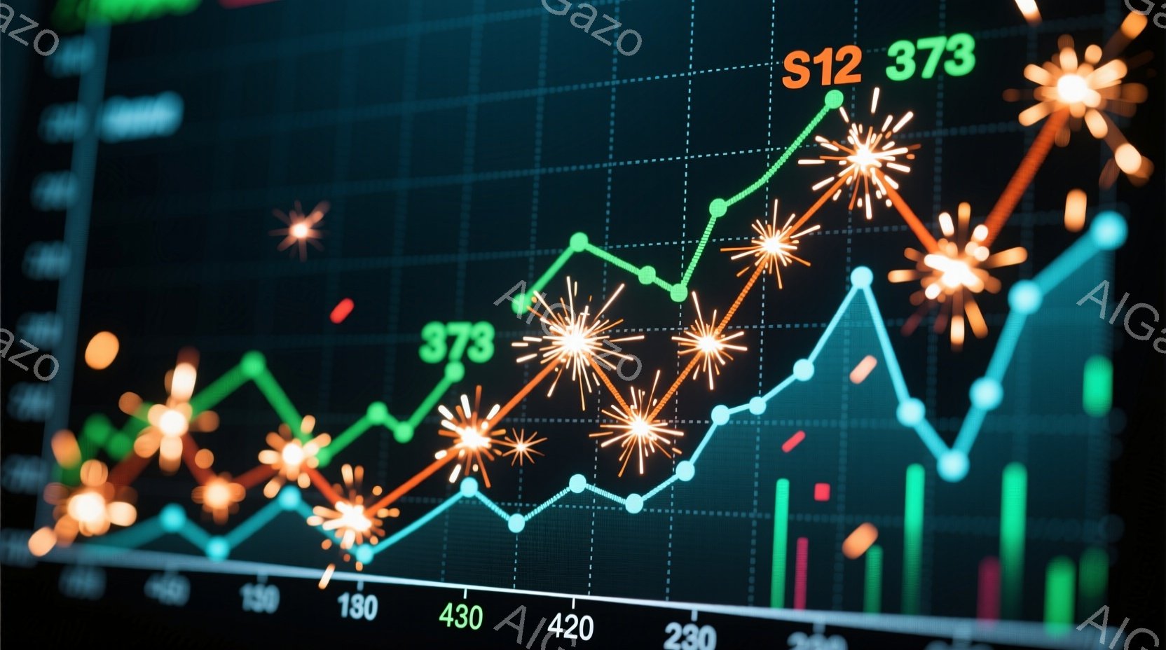 この画像は、緑、オレンジ、青の線グラフと棒グラフが複雑に絡み合った、金融市場や株価の変動を視覚化したものです。グラフの各ピークや上昇時に花火のような光の効果が追加されており、成功やポジティブなトレンド - AI生成フリー素材