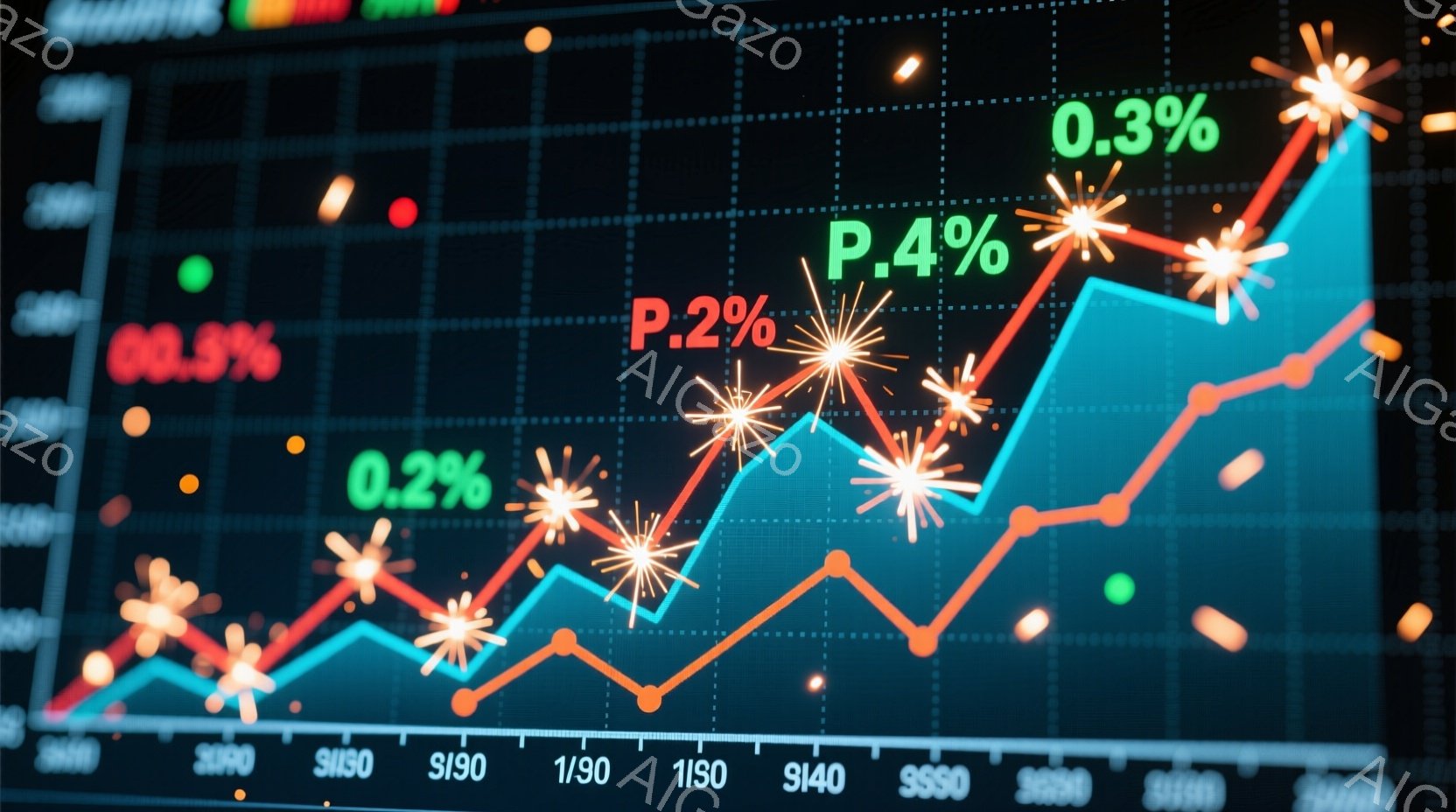 この画像は、緑色の背景に赤い線と青い線が描かれた株価チャートのようです。グラフ上には、上昇を示す場所に星のような光の粒子が散りばめられており、特定のポイントには「0.2%」「0.3%」「0.4%」とい - AI生成フリー素材