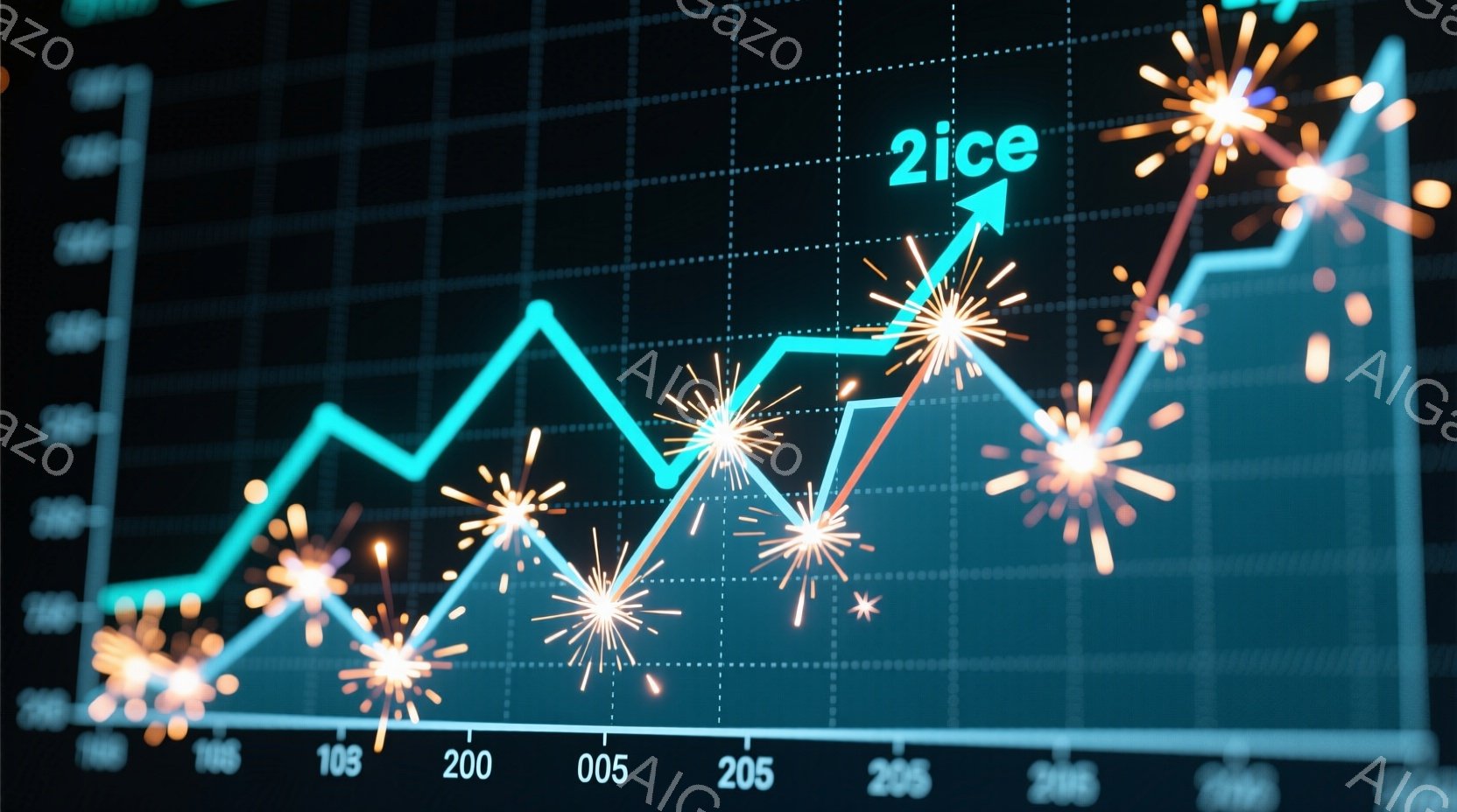 ターコイズブルーの線グラフが、暗い背景に描かれています。グラフの各ポイントからは、オレンジ色と黄色の花火のような光が放射状に広がっており、上昇トレンドを強調しています。数値ラベル（105, 200, 205, 210）がグラフの下部に配置されており、全体的にダイナミックで祝賀的な雰囲気を醸し出しています。