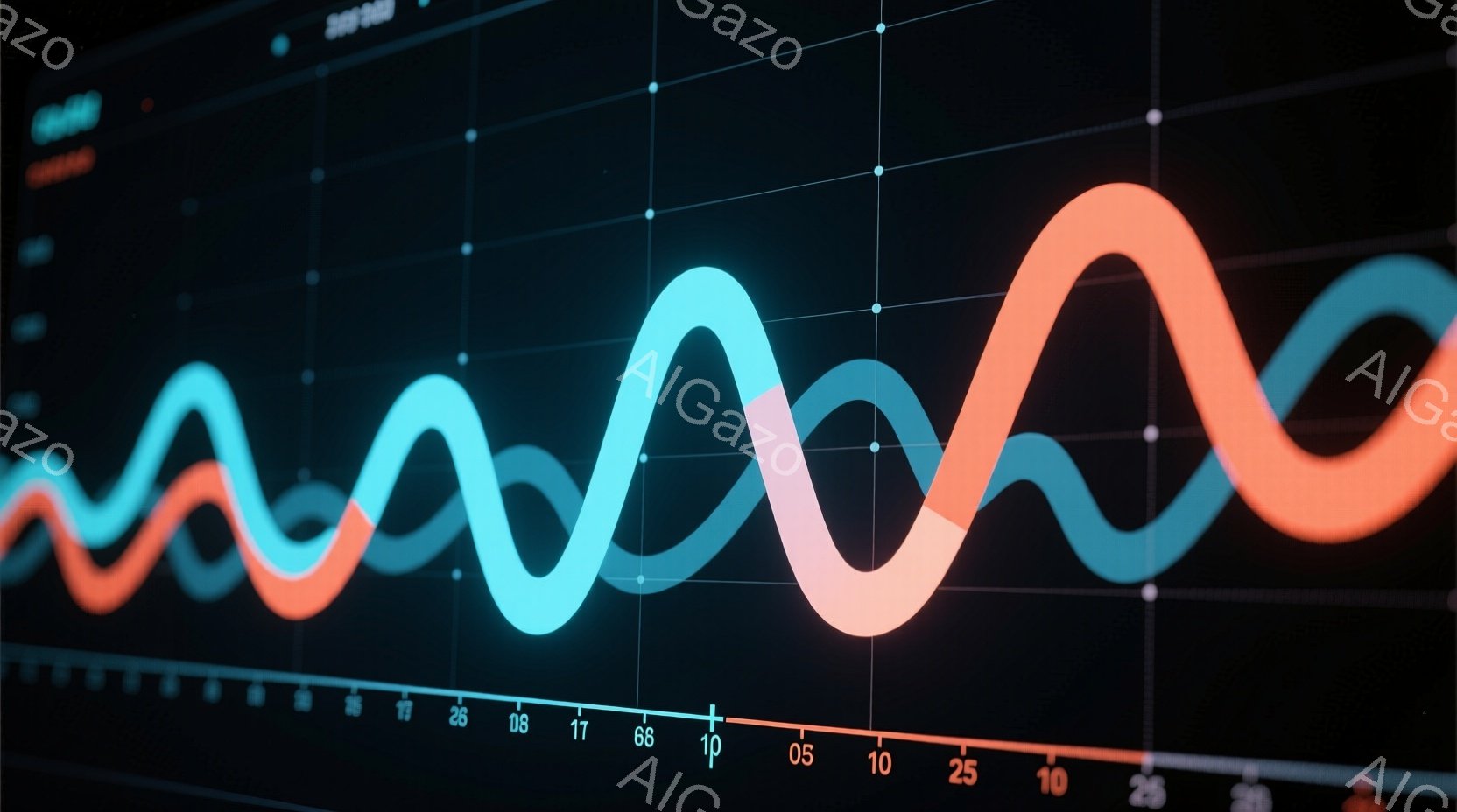 鮮やかなターコイズブルーとオレンジレッドの波形が、黒い背景に重なって描かれています。波形は規則的に上下し、まるで音響信号や振動の視覚化のようです。画面下部には数字が並び、何らかの計測データを示唆しています。