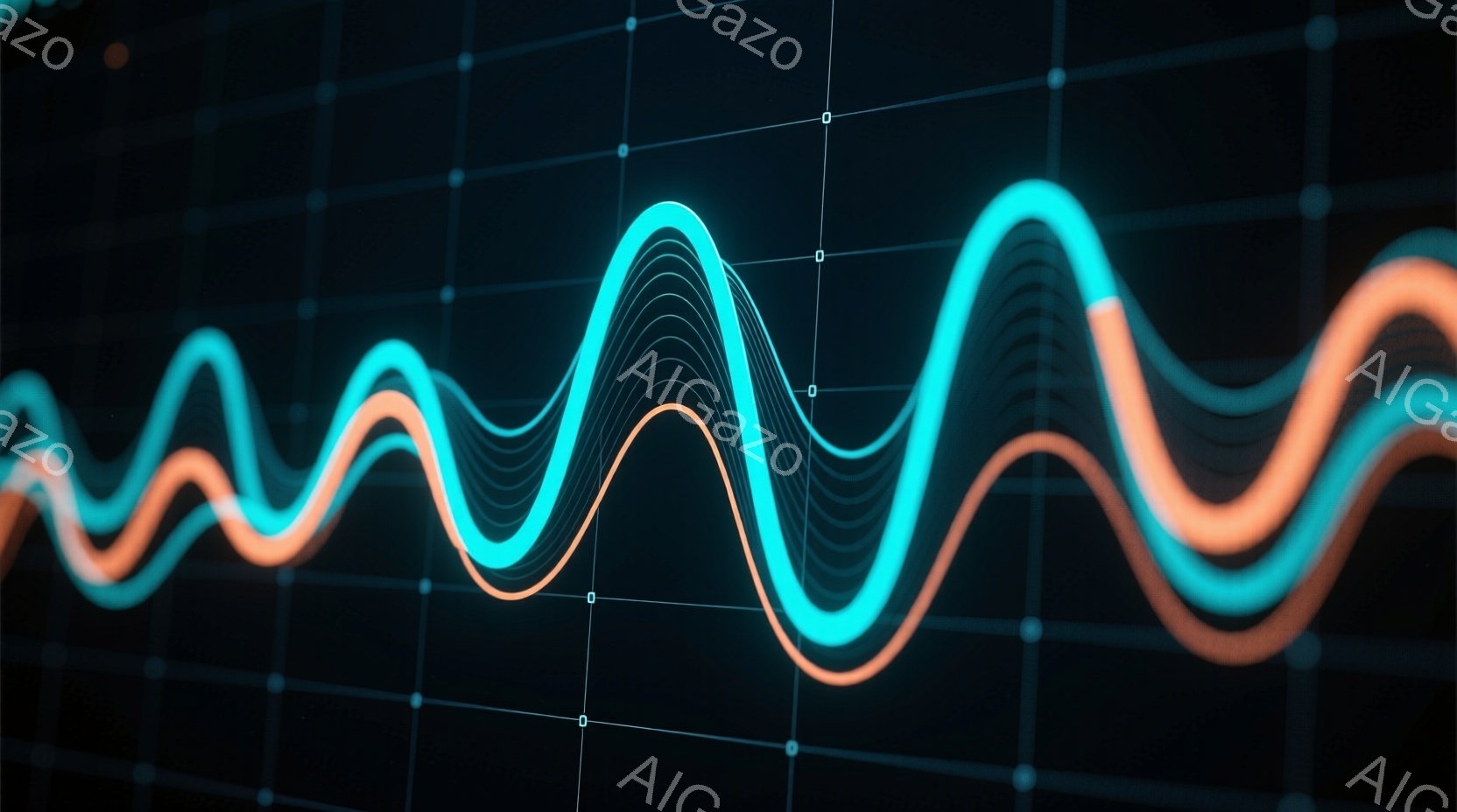 鮮やかなターコイズブルーとオレンジ色の波形が、暗い背景に重ねて表示されている。波形は規則的に上下に振動し、まるで音や信号の視覚的な表現のようだ。全体的に、科学的でテクノロジー感のある雰囲気が漂っている。