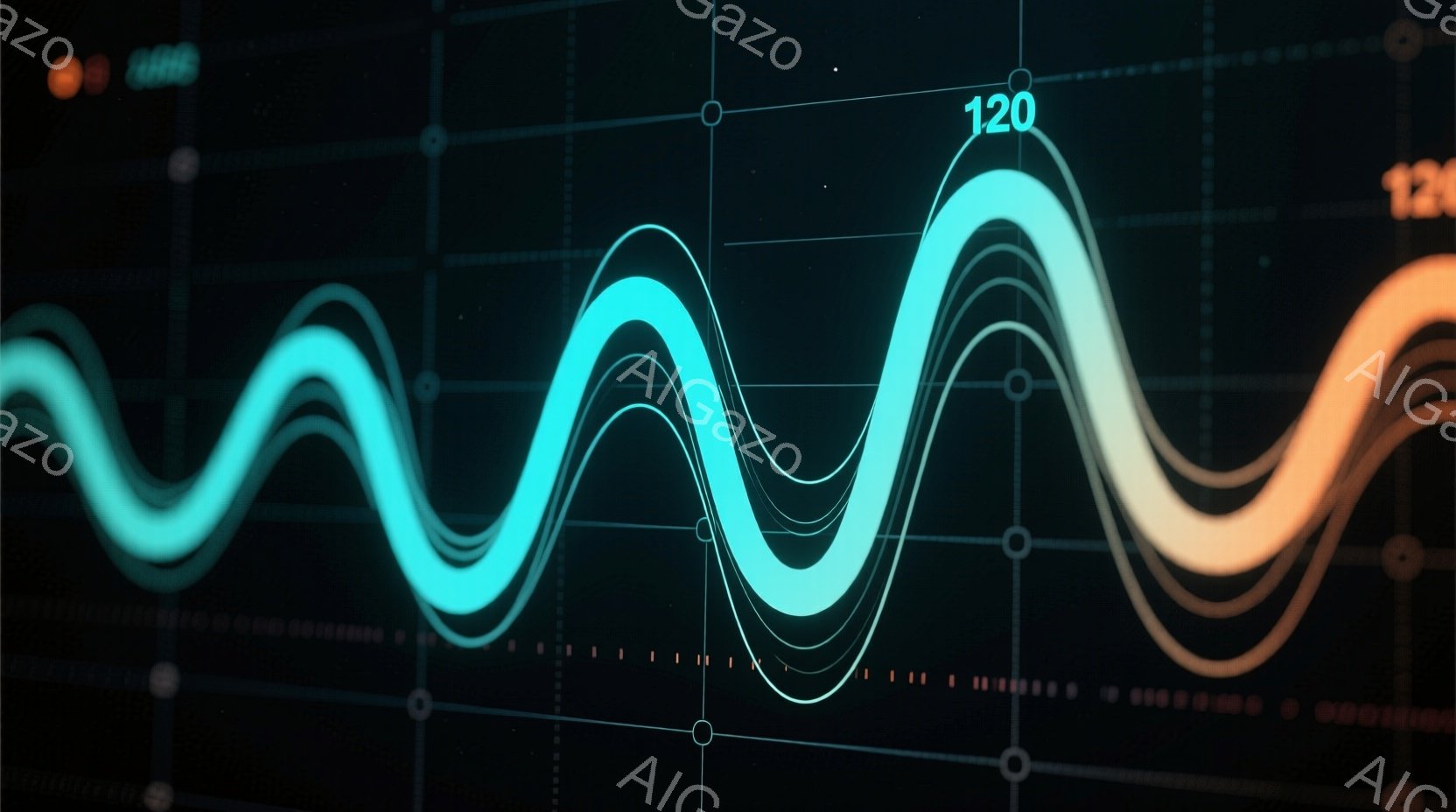 鮮やかなターコイズブルーとオレンジ色の波形が、暗い背景に重ねて表示されています。波形は規則的な振動を描き、精密な計測やデータ分析を連想させます。画面上部には「120」という数字が控えめに表示され、技術的で未来的な雰囲気を醸し出しています。