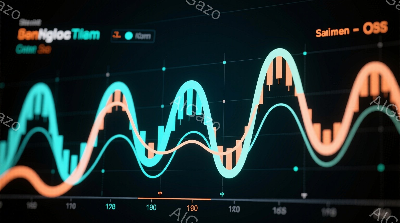 鮮やかなターコイズとオレンジ色の波形が画面全体に広がっています。画面上部には「BenGloctiem」と「Onn」というテキストが表示されており、下部には時間を示す数値「160」「170」「180」などが表示されています。全体的に、金融チャートのようなデジタルインターフェースを想起させる、未来的な雰囲気の画像です。