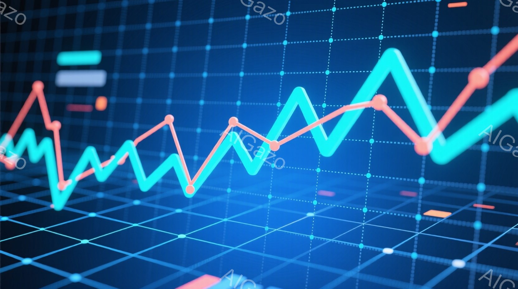 この画像は、青と赤の線が格子状の青い背景の上を起伏するグラフを描いています。線は上下に変動し、経済的な傾向やデータの変化を示唆しています。全体的に、未来的なテクノロジーやデータ分析を連想させる、クールで洗練された雰囲気です。
