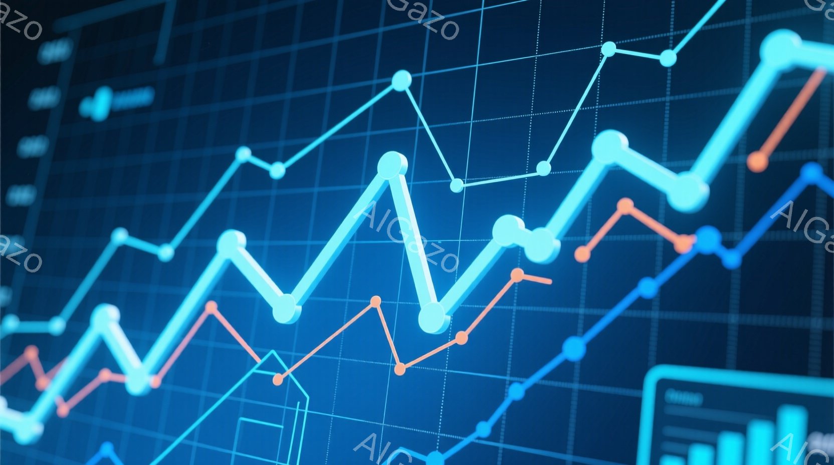 この画像は、青とオレンジの線が複雑に交差するグラフの背景を写しており、金融市場やデータ分析のビジュアル表現を連想させます。線は上昇と下降を繰り返し、ダイナミックで活気のある雰囲気を醸し出しています。背景は深い青色で、グラフの線が際立ち、全体的にモダンでプロフェッショナルな印象を与えます。