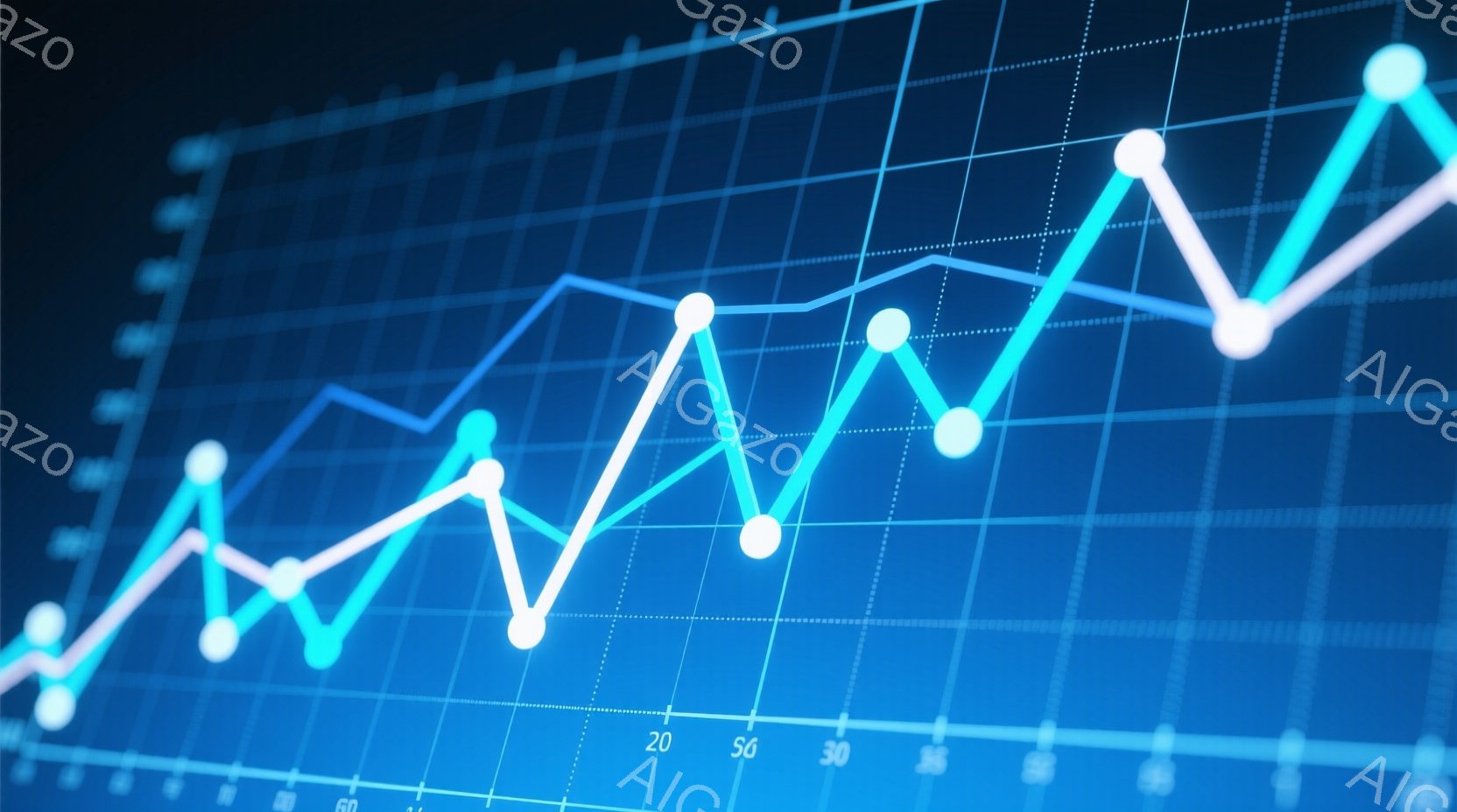 この画像は、青とターコイズの線が交差するグラフの背景に焦点が当てられています。線はデータポイントで接続されており、上昇と下降の傾向を示しています。背景はグリッド状のパターンで、全体的に未来的な、データ - AI生成フリー素材