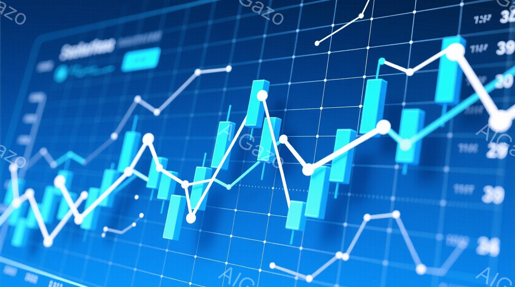 この画像は、ターコイズブルーと濃い青色のグリッド状の背景に、上昇と下降を示す複数の白い線と、垂直に伸びる明るい水色の柱状グラフで構成されています。グラフは金融市場やデータのトレンドを表しているように見 - AI生成フリー素材