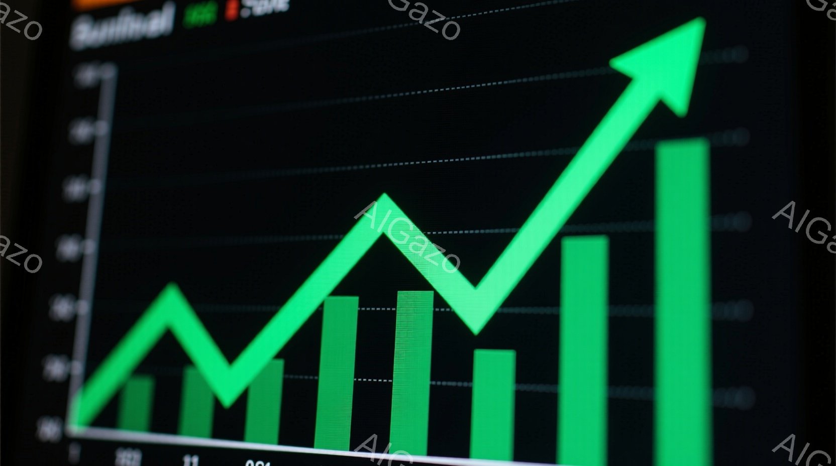 この画像は、緑色の棒グラフが並んだグラフを表示しています。棒グラフは、上昇と下降を繰り返しており、市場の変動やトレンドを示唆しているように見えます。背景は暗く、グラフが際立っており、全体的にダイナミックで経済的な雰囲気を醸し出しています。