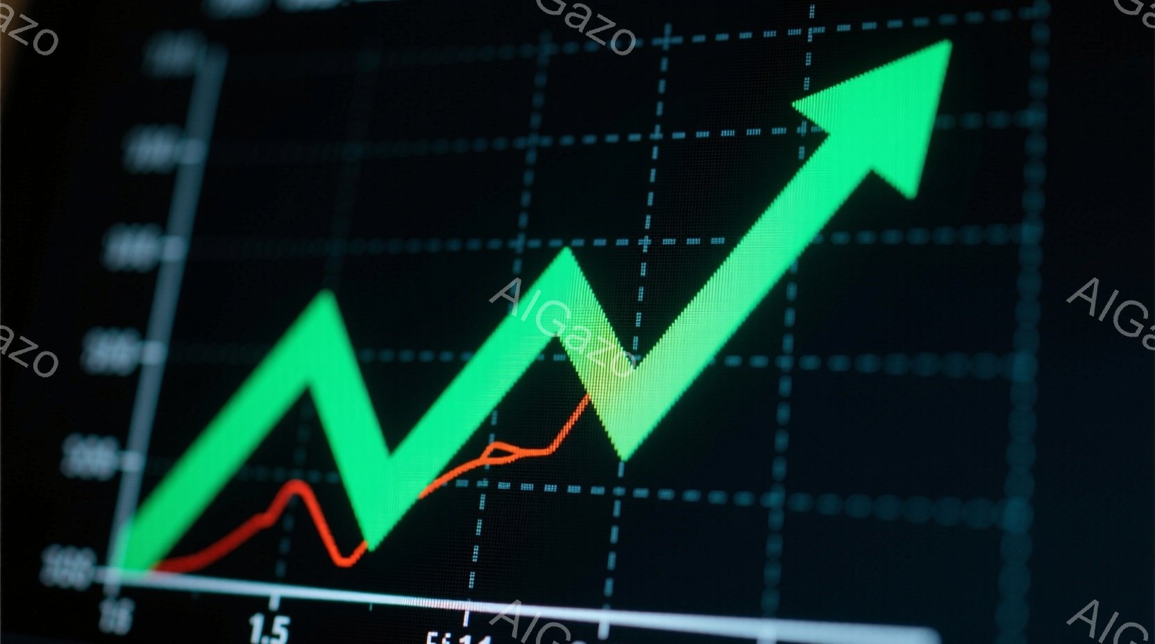 この画像は、黒い背景に描かれた、上昇傾向にある二本のグラフを示しています。緑色のグラフは急激に上昇し、赤色のグラフは若干の変動を伴いながらも、緑色のグラフよりも低い位置で推移しています。全体として、成長や進歩、市場の動向を象徴するような、ダイナミックな雰囲気が漂っています。