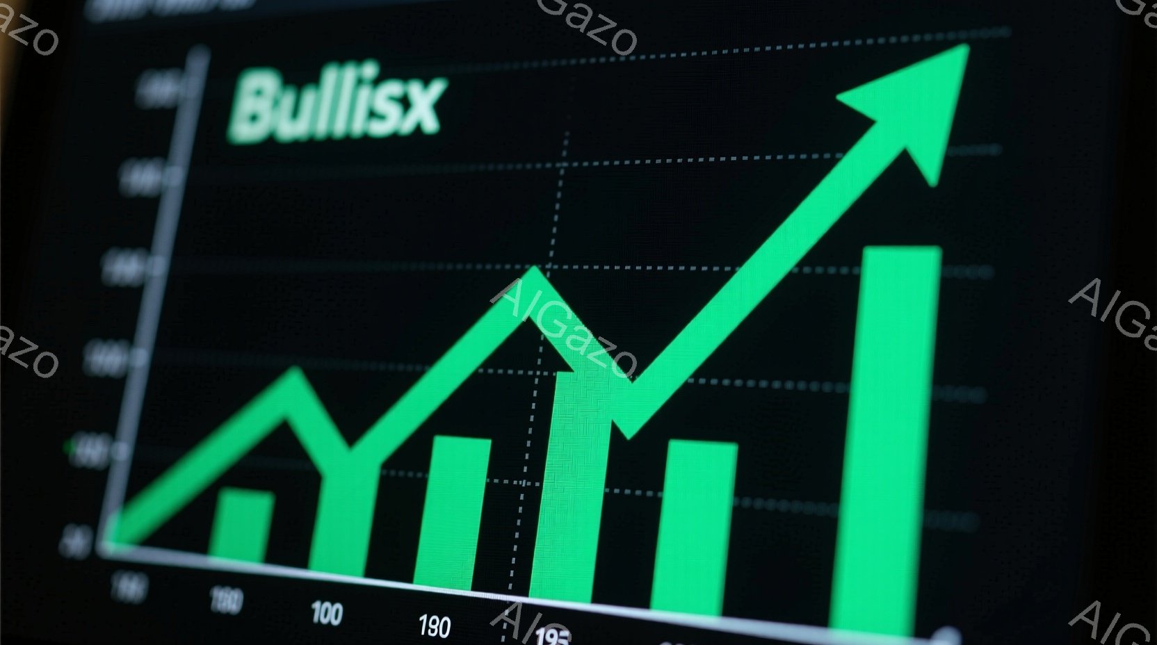 鮮やかな緑色の棒グラフが画面上に表示されており、右肩上がりの成長傾向を示しています。グラフの背景は黒色で、数字の目盛りが100から200まで示されており、グラフ上部には「Bullix」というテキストが表示されています。全体として、これは市場の成長や投資の成功を示す視覚的な表現です。