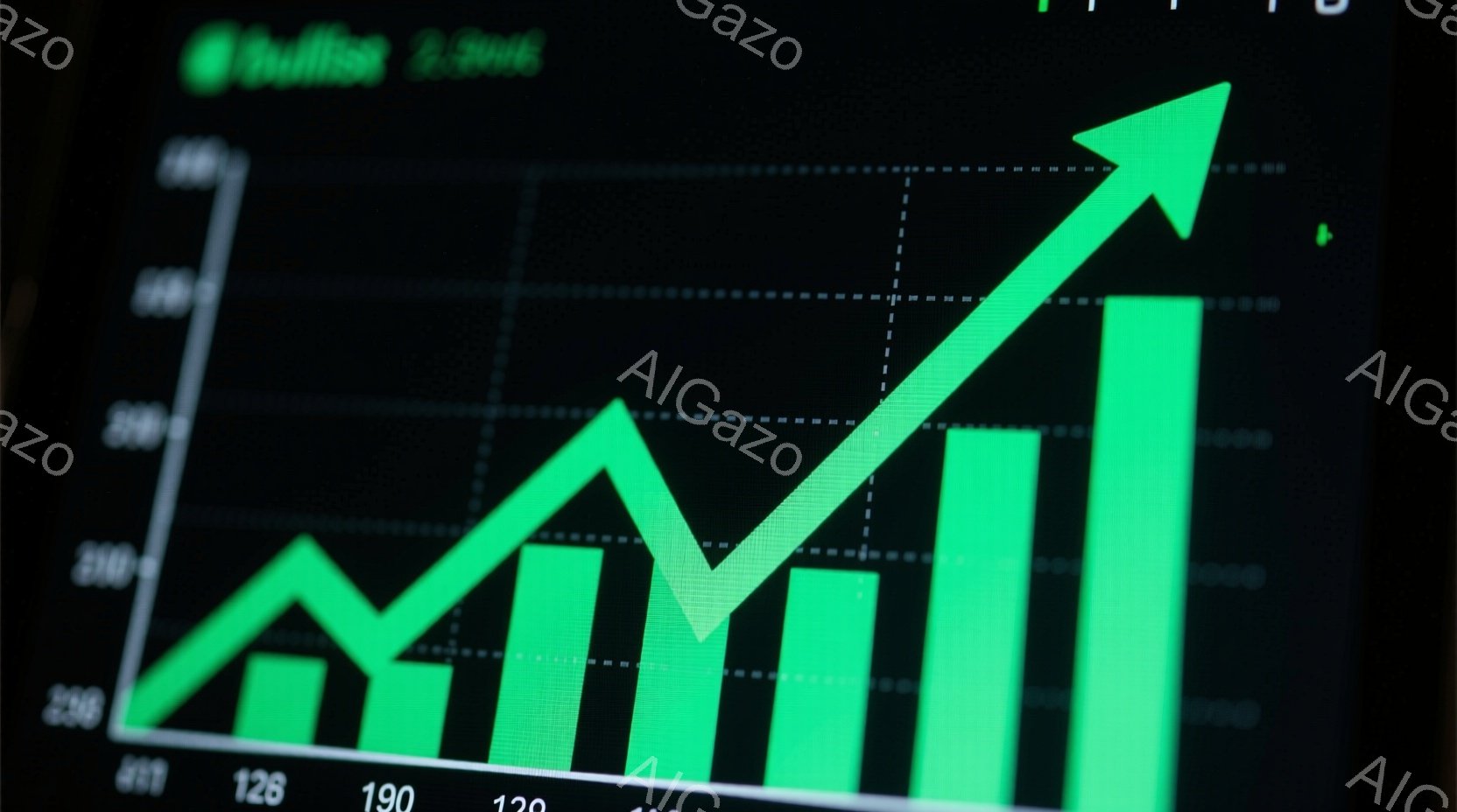 この画像は、緑色の棒グラフが上昇傾向を示す金融チャートを表しています。グラフは白線で区切られており、数値が示されていますが、詳細は不明瞭です。全体的に、成長や成功を象徴するポジティブな雰囲気を持っています。