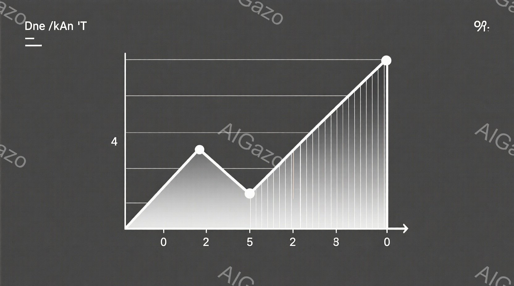 この画像は、X軸とY軸を持つグラフです。グラフは、0から始まり、2でピークを迎え、5で谷底を経て、3で再び上昇し、0で終了します。グラフの下には、灰色で塗りつぶされた領域が広がっており、グラフの線に沿って細い線が縦方向に並んでいます。