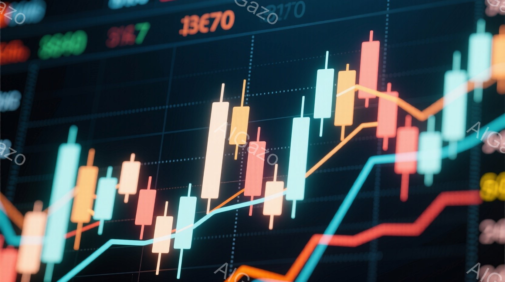 鮮やかな色のキャンドルスティックチャートが画面全体に広がっており、オレンジ、赤、緑、青の線が複雑に絡み合っています。背景は暗く、数字の表示がいくつか見られ、金融市場のデータや株価の変動を示唆しています - AI生成フリー素材