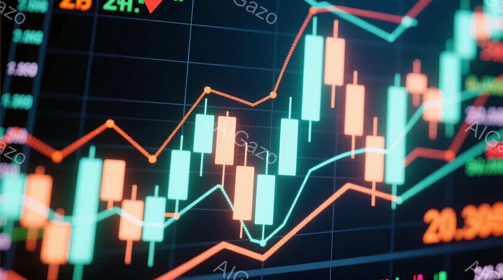 この画像は、金融市場のチャートを示しています。緑とオレンジの棒グラフが複雑に絡み合い、上昇と下降を繰り返す株価の変動を表しています。背景は暗色で、チャートの線や数字が際立ち、活気ある金融市場の雰囲気を - AI生成フリー素材