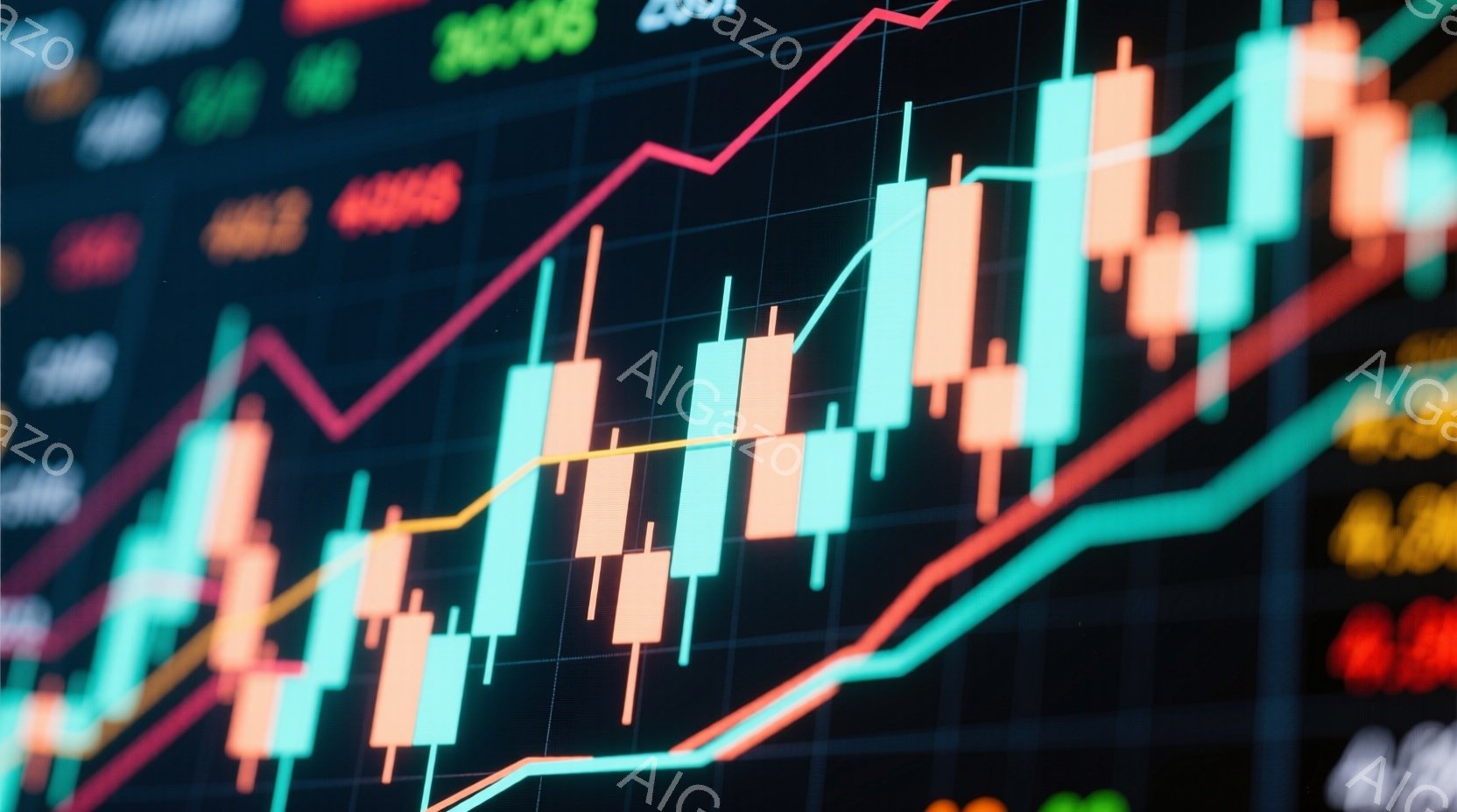 この画像は、金融市場のチャートを捉えたもので、カラフルな柱状グラフ（ローソク足）が並んでいます。赤い線と緑色の線がグラフ上を曲線的に上昇しており、市場のトレンドを示唆しています。背景は暗く、数字が散りばめられており、全体的にダイナミックで経済的な雰囲気を醸し出しています。