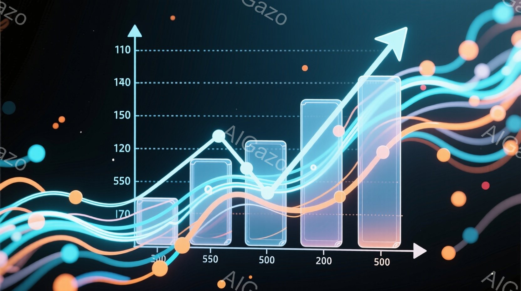 鮮やかなネオンカラーの線が複雑に絡み合い、上昇する柱状グラフを駆け上がっている様子が描かれている。グラフは、200、500、550、170、500といった数値ラベルが付いており、線はこれらの値を結びつけるように伸びている。全体的に未来的な雰囲気で、データ分析や成長の概念を視覚的に表現している。