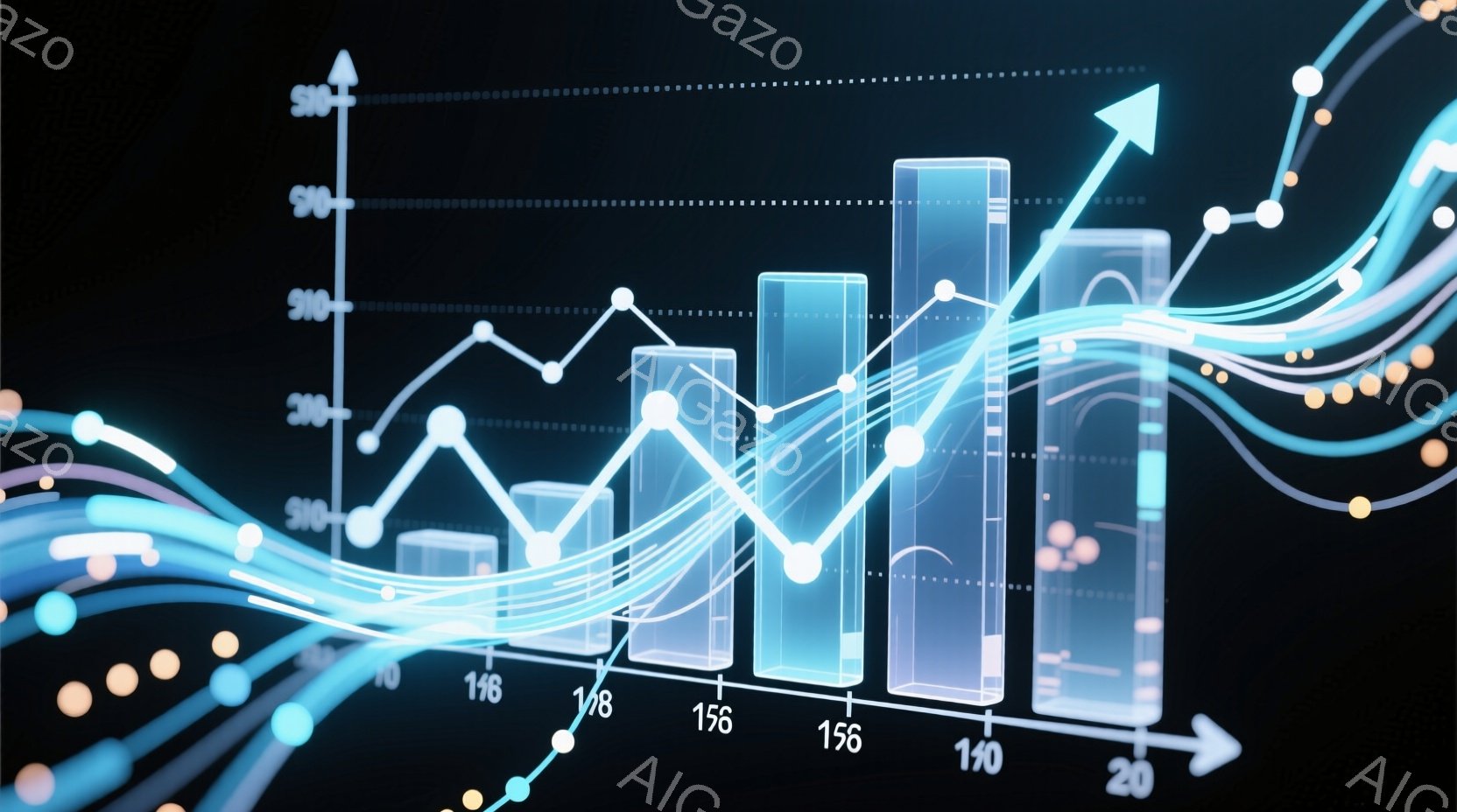 この画像は、青色の背景に光る棒グラフと、複数の曲線が重なり合う様子を描いています。グラフは上昇と下降を繰り返し、未来への成長や変動を示唆しています。全体的に未来的な印象を与え、データ分析やビジネスのコ - AI生成フリー素材