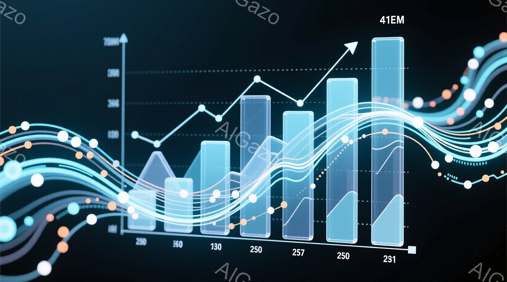 この画像は、明るい青色の背景に、複数の曲線と棒グラフが重なり合った抽象的な表現です。曲線は光の粒子のような点で結ばれており、全体的に未来的な印象を与えます。数値がグラフの下部に表示されており、データ分 - AI生成フリー素材