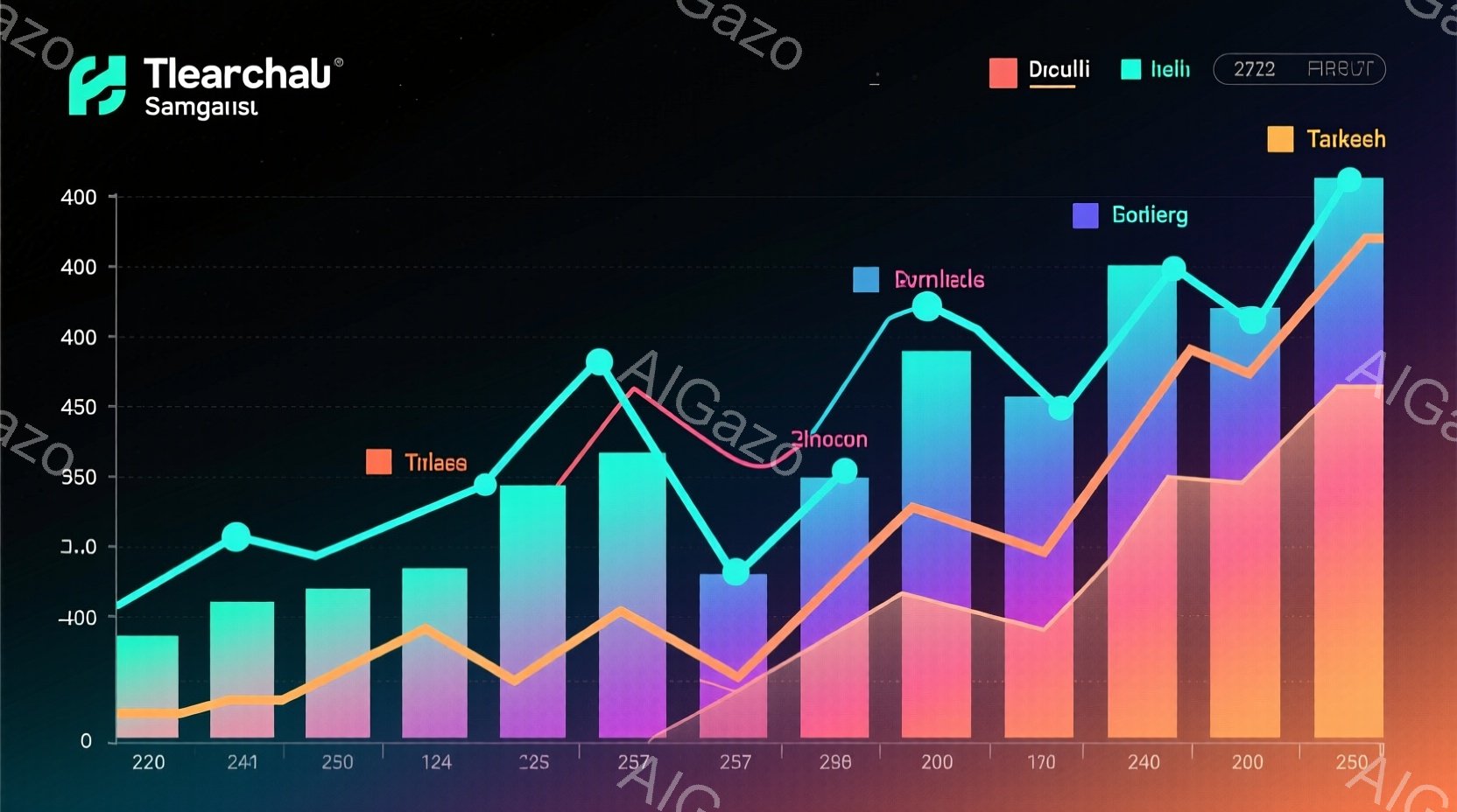 この画像は、棒グラフと折れ線グラフが組み合わさったもので、縦軸は0から450まで、横軸は数値が並んでいます。グラフは主に紫、ピンク、ターコイズブルーの色で構成されており、データの変化を視覚的に表現しています。全体的に上昇傾向を示す折れ線グラフと、様々な高さの棒グラフが並び、データの比較と推移を示唆しています。