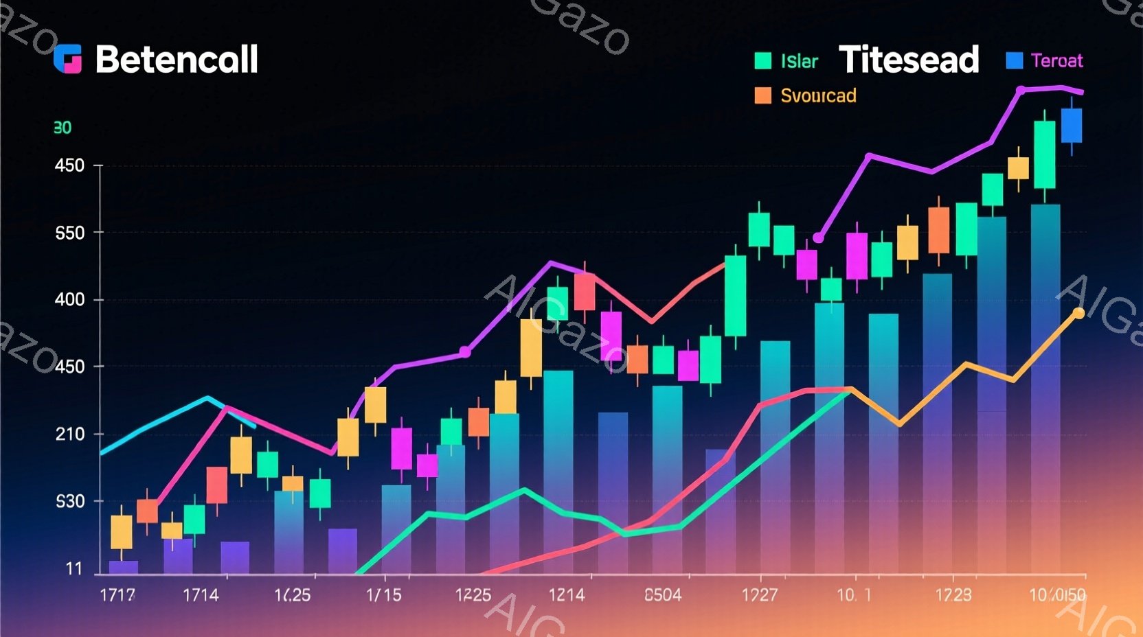 この画像は、カラフルな棒グラフと2本の線グラフで構成された金融市場のチャートです。棒グラフは、様々な色のキャンドルスティックで構成され、価格変動を示唆しています。2本の線は、時間とともに変化する傾向を - AI生成フリー素材