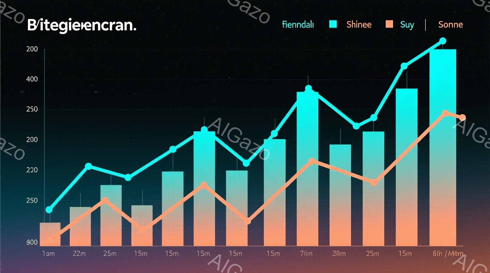この画像は棒グラフと折れ線グラフが組み合わさったグラフです。棒グラフは淡い水色とピンク色で構成され、時間の経過とともに高低の変化を表しています。折れ線グラフは青色とオレンジ色で、それぞれの値の変化を視覚的に表現しています。