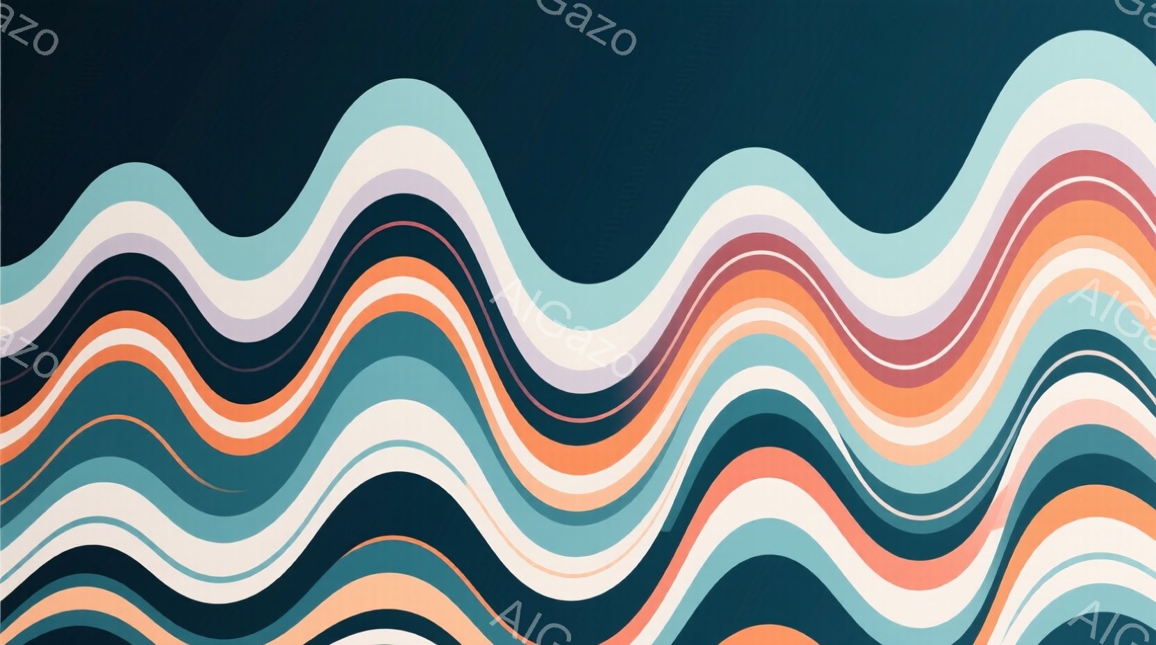 この画像は、さまざまな色合いの曲線が重なり合って構成された抽象的なデザインです。オレンジ、水色、ベージュ、濃い青緑色などの色が、波のように流れるように並んでいます。全体的に穏やかでリラックスした雰囲気であり、視覚的なリズムが楽しめます。