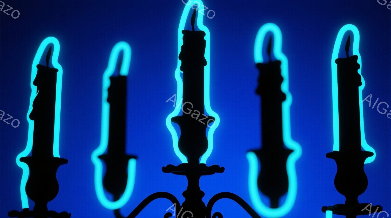 画像は、青いネオンライトで縁取られた黒い燭台のシルエットが並んだものです。燭台は金属製で、ネオンの光が幻想的な雰囲気を醸し出しています。背景は深青色で、燭台のシルエットを際立たせています。