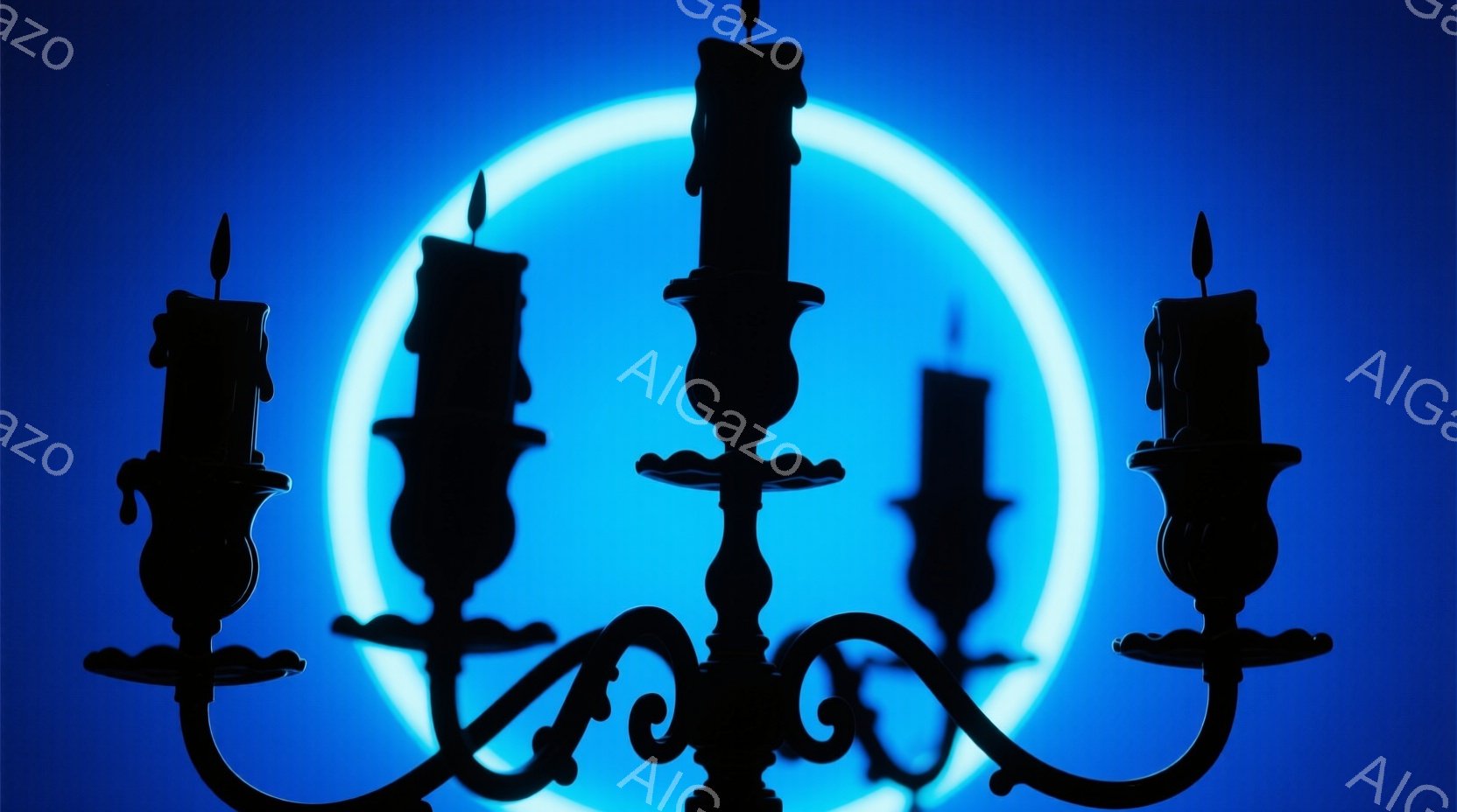 漆黒の背景に、装飾的な燭台がシルエットで描かれている。燭台には数本のロウソクが灯っており、その背後に青白い光輪が浮かび上がっている。全体的にミステリアスで、どこか幻想的な雰囲気を醸し出している。