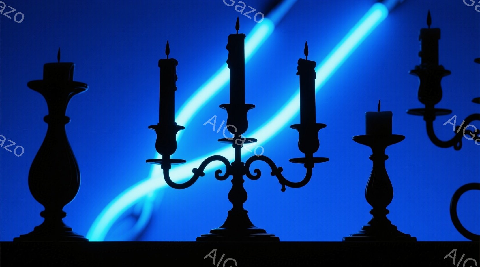 暗い背景にシルエットで描かれた燭台がいくつか並んでいます。光の筋が背景を斜めに横切っており、神秘的な雰囲気を醸し出しています。燭台は様々なデザインで、それぞれにろうそくが灯っているように見えます。