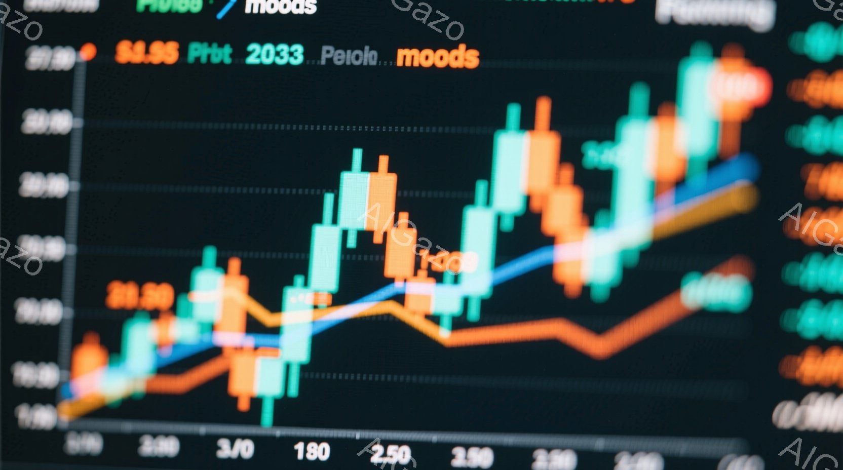 この画像は、金融市場のチャートを表示したものです。緑、オレンジ、青の線と棒グラフが複雑に絡み合い、価格変動のダイナミックな動きを示しています。背景は暗く、数値やラベルが散りばめられており、市場のデータ - AI生成フリー素材