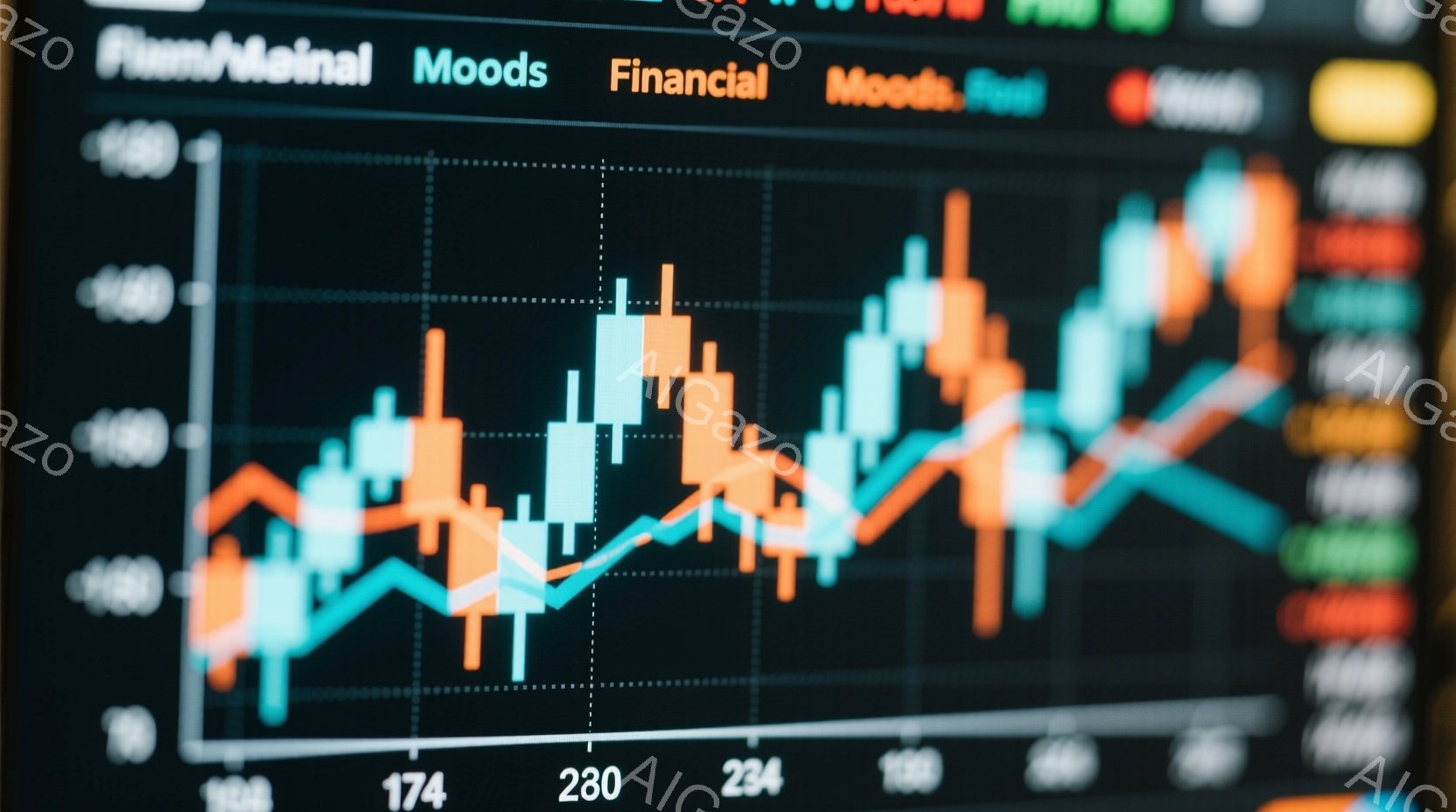 グラフが画面全体を占めており、オレンジ、青、白の線が複雑に絡み合い、金融市場の変動を示唆している。X軸には174、230、248といった数値が、Y軸には-100から+100までの数値が示されており、デ - AI生成フリー素材