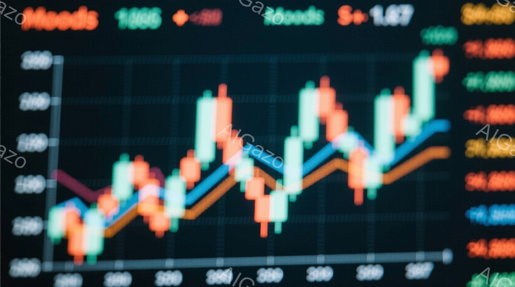 この画像は、金融市場のチャートを示しています。オレンジ、緑、紫、青の線が複雑に絡み合い、価格変動を表しています。背景は黒く、数値が並び、全体的に緊迫感とダイナミックな動きが感じられます。