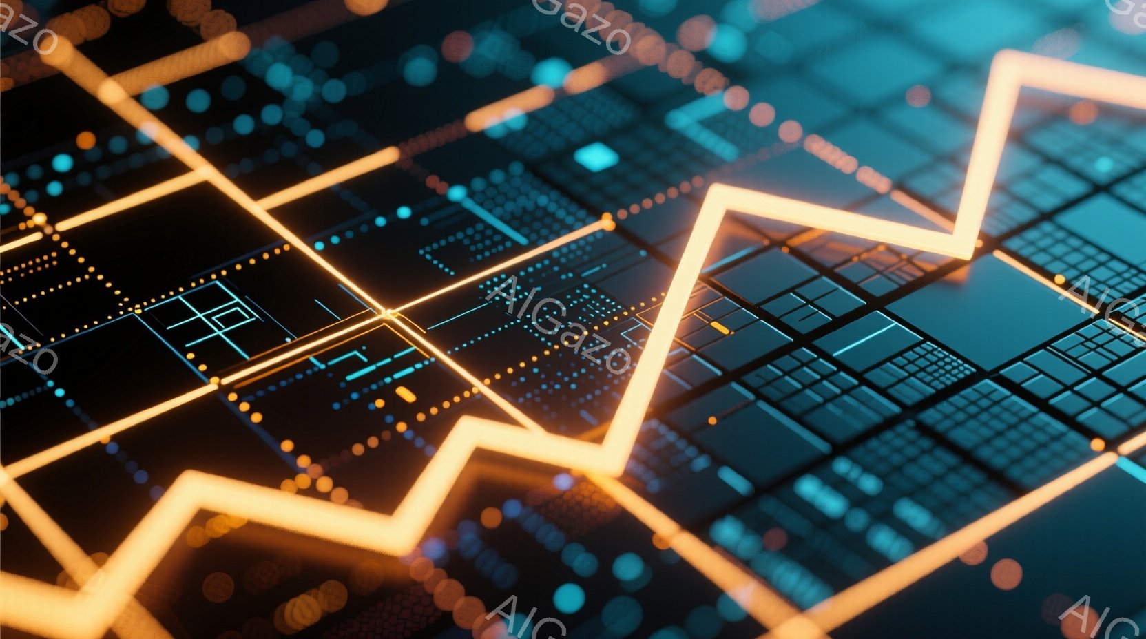 この画像は、明るいオレンジ色の線が複雑な回路基板のような背景の上を走る抽象的な表現です。基板は青色と黒色を基調とし、小さな発光点が散りばめられており、ハイテクで未来的な雰囲気を醸し出しています。オレンジ色の線は、まるでデータストリームや株価チャートのように起伏しており、デジタル世界の活気とエネルギーを感じさせます。