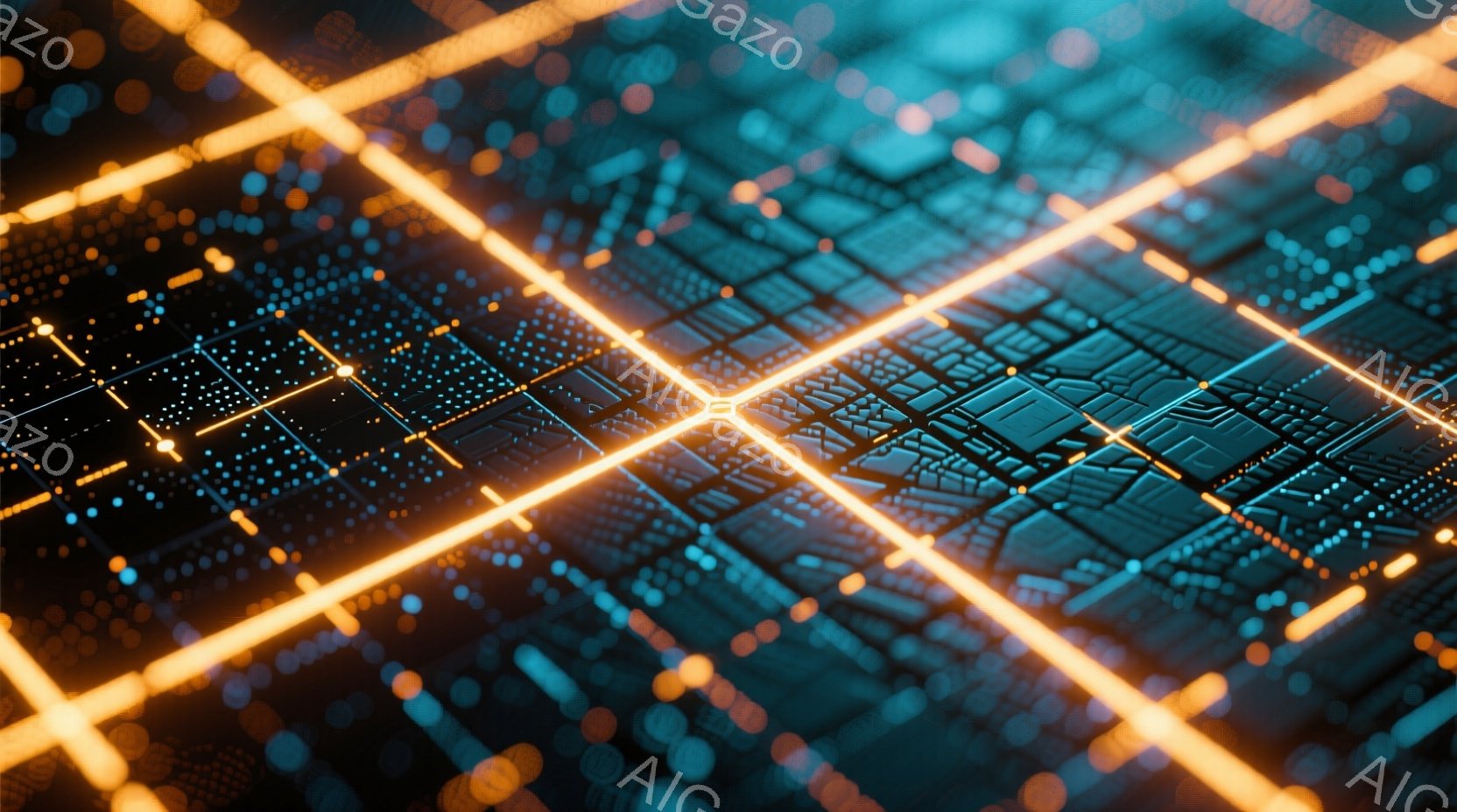 鮮やかなターコイズブルーと黒を基調とした基板のようなテクスチャが、放射状に交差する金色の線によって構成されています。無数の小さな光点が散りばめられ、未来的なデジタル空間を想起させます。全体的に、高解像度で緻密なデザインが、サイバーパンクやテクノロジーの世界観を表現しています。