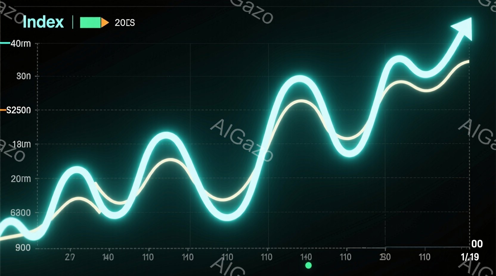 この画像は、明るい緑色の発光線が曲線を描いて、暗い背景の上を蛇行しています。曲線は徐々に上昇し、波打つように繰り返され、画面右端に向かって急激に上昇しています。全体的に未来的な雰囲気で、エネルギーの流れやデータの視覚化を想起させます。