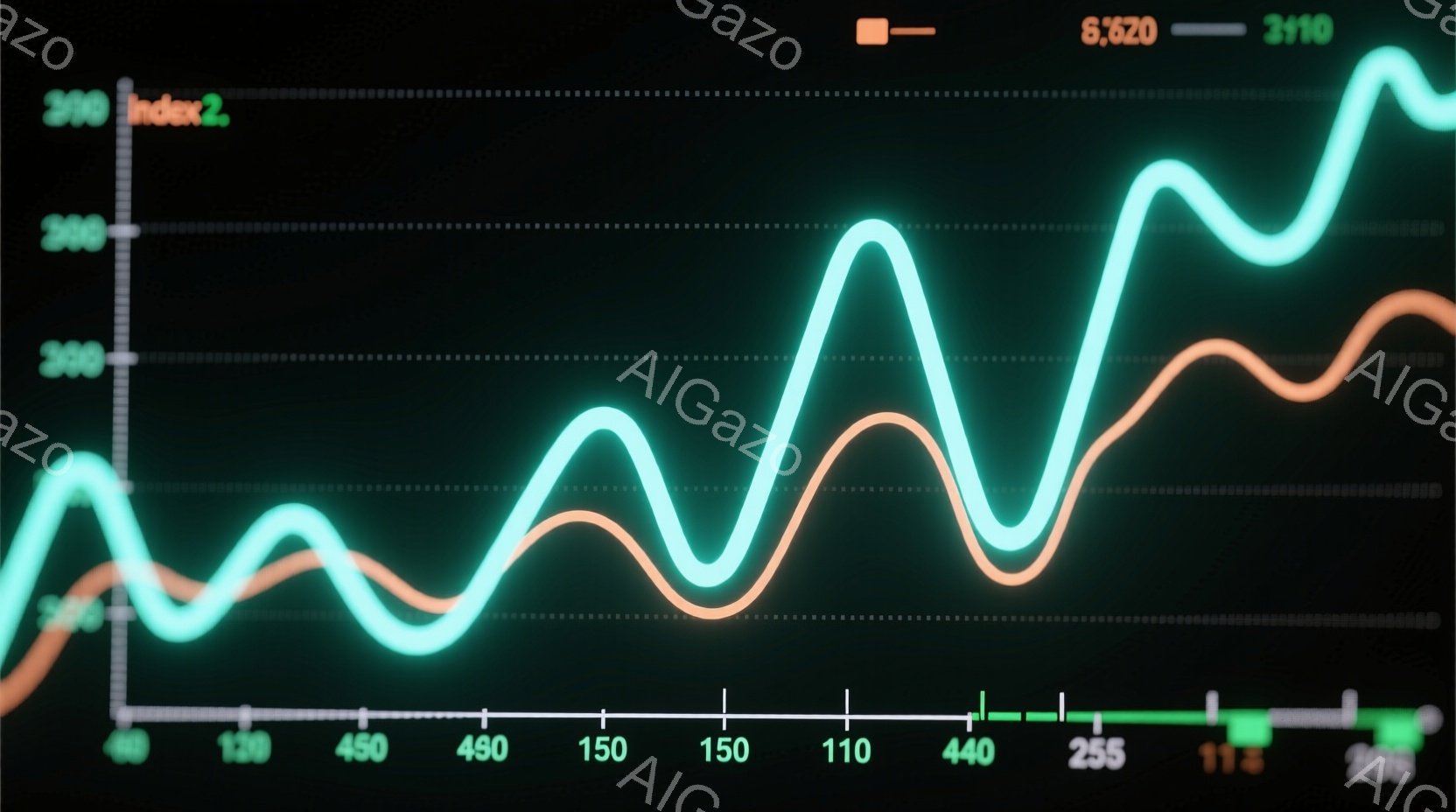 この画像は、背景が暗い中で、青とオレンジの2本の曲線が描かれたグラフを示しています。曲線は波のように上下に変動しており、X軸には数字が並び、Y軸には数値が示されています。全体的に、データの変化や傾向を表す視覚的な表現として、鮮やかな色彩とダイナミックなラインが印象的です。