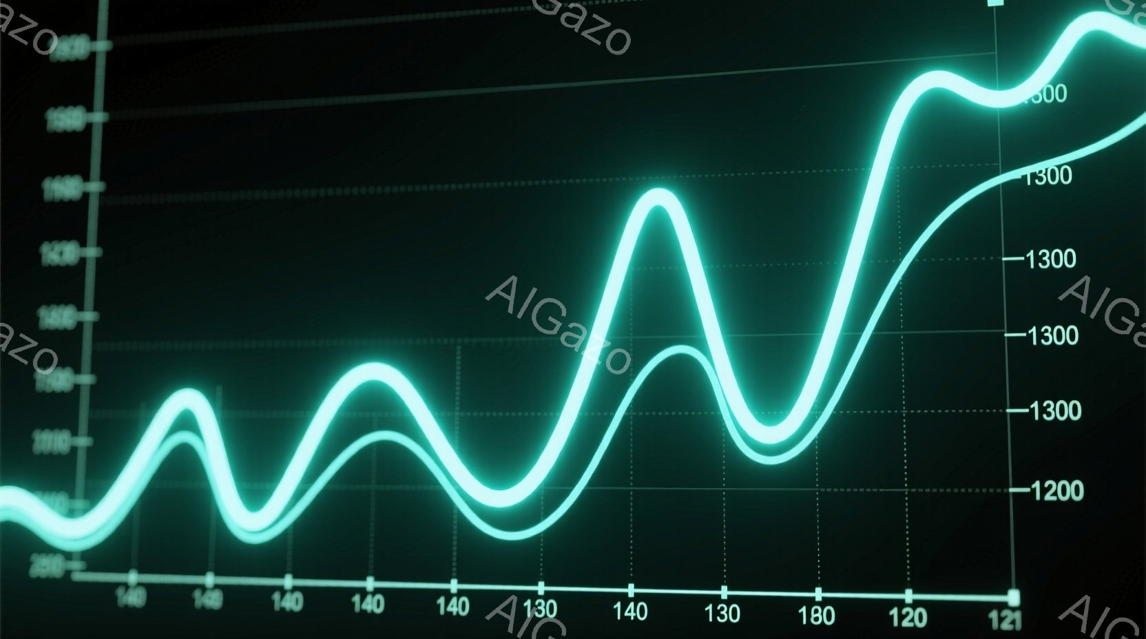 鮮やかな緑色の線が複数、暗い背景に描かれたグラフ上に波打つように伸びています。横軸には数字が並び、グラフの縦軸は1200から1900までの範囲を示しています。全体的に未来的な雰囲気で、データや市場の変動を視覚的に表現しているようです。