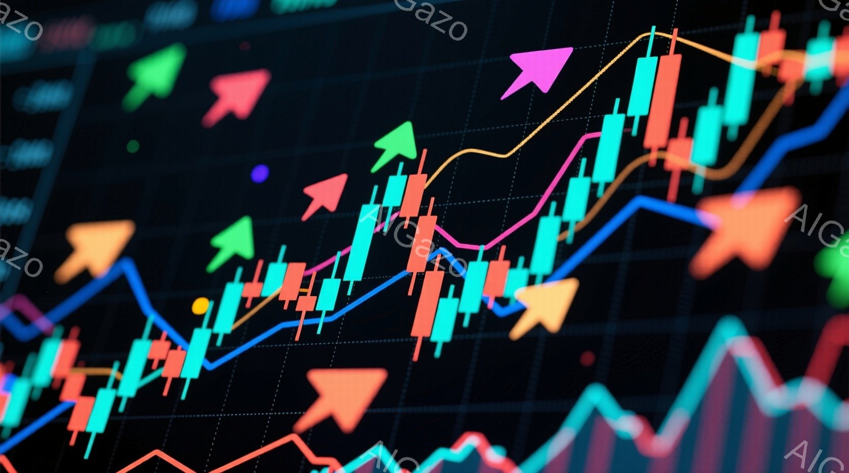 この画像は、金融市場のチャートを抽象的に表現したものです。緑、赤、青、オレンジなどのカラフルなキャンドルスティックチャートと線グラフが、黒い背景に重なり合い、上昇傾向を示しています。全体的に、ダイナミックで活気のある、市場の変動を視覚化した雰囲気です。