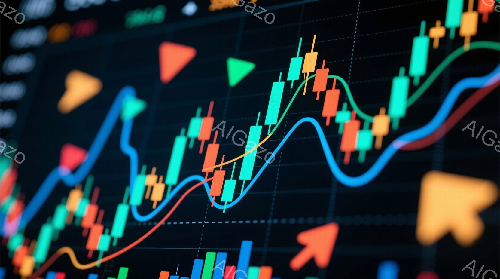 この画像は、金融市場のチャートを示しており、緑と赤の柱状図が並んでいます。青とオレンジ色の線がチャートを横切っており、市場のトレンドや変動を示唆しています。全体的に、活気のある金融データの視覚化であり - AI生成フリー素材