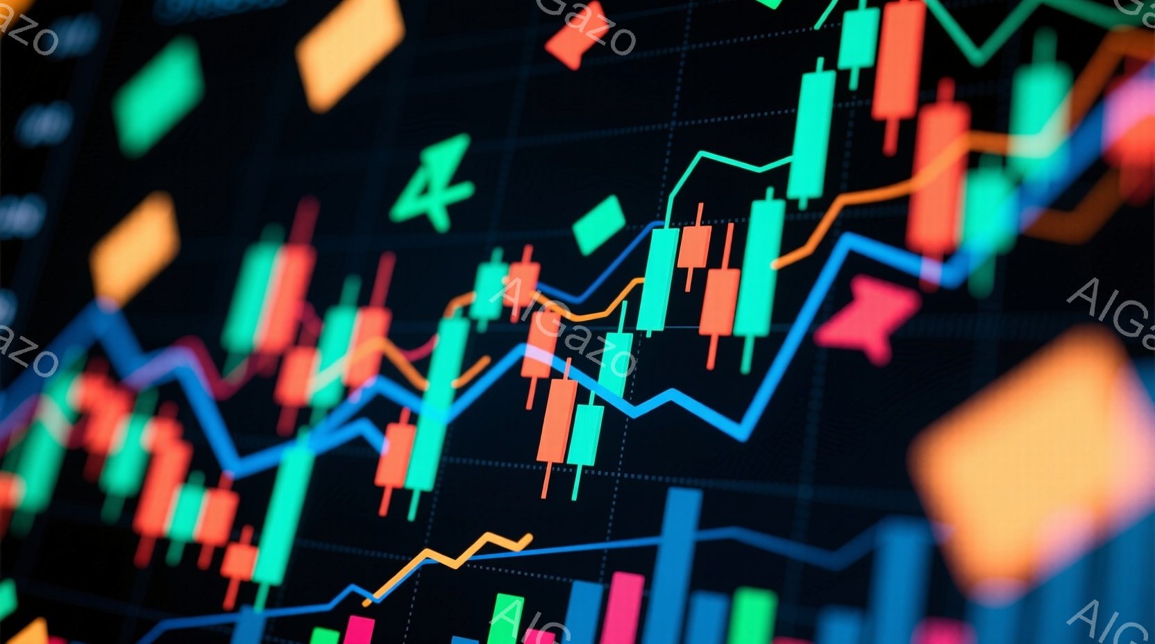 この画像は、カラフルな棒グラフと折れ線グラフが重なり合った金融市場の視覚表現です。緑、赤、オレンジ、青などの鮮やかな色が使用されており、市場の変動とトレンドを示唆しています。背景は暗く、グラフが際立っ - AI生成フリー素材