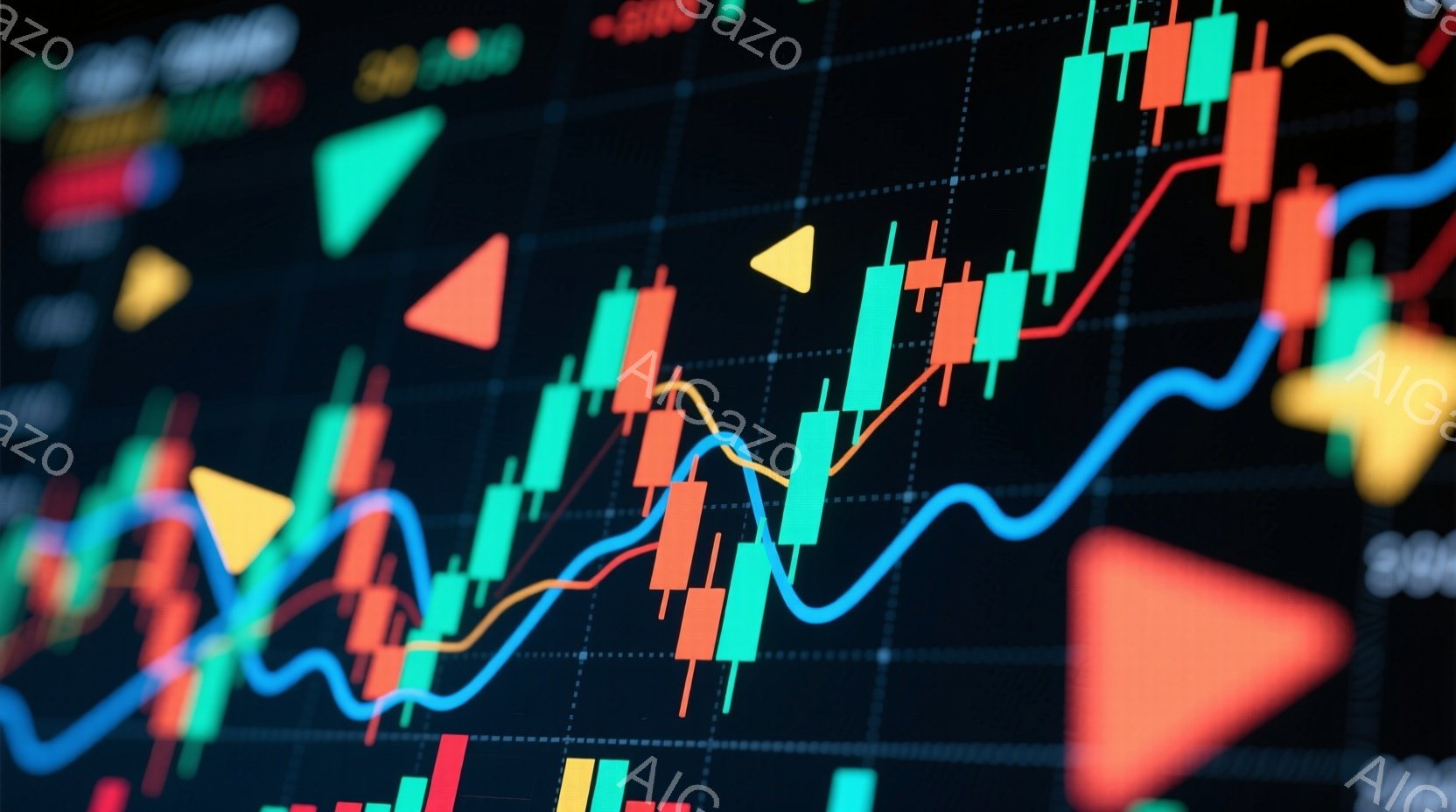 鮮やかな色の線グラフとローソク足チャートが黒い背景に描かれています。緑、赤、青、オレンジの線とチャートが複雑に絡み合い、金融市場の変動やデータ分析を想起させます。全体的にダイナミックで、活気のある経済 - AI生成フリー素材