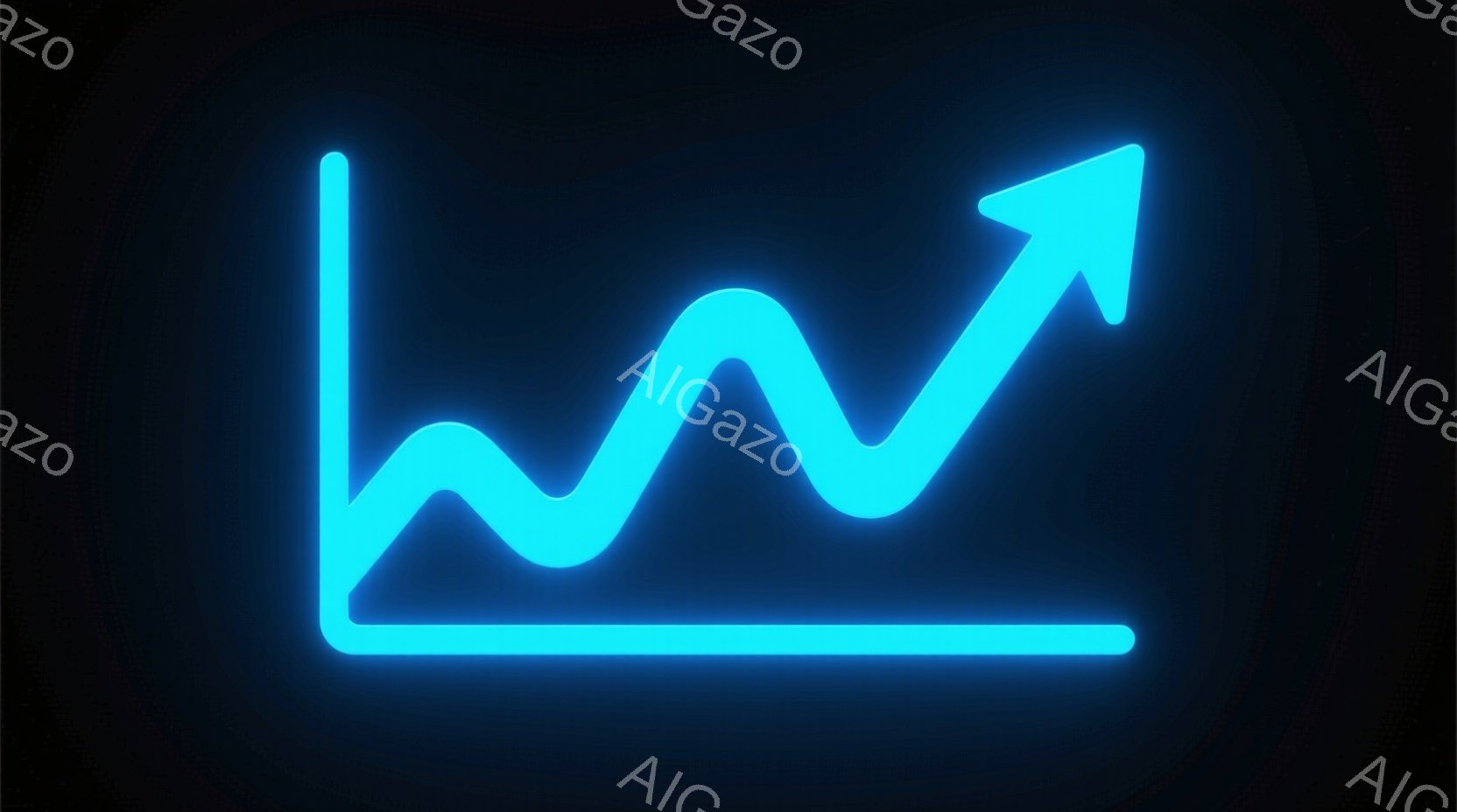鮮やかな水色の線が描かれたグラフが、暗い背景に浮かび上がっています。線は左右に波打ちながら、右肩上がりに上昇しており、ダイナミックな印象を与えます。全体的にシンプルながらも力強いエネルギーを感じさせるイメージです。