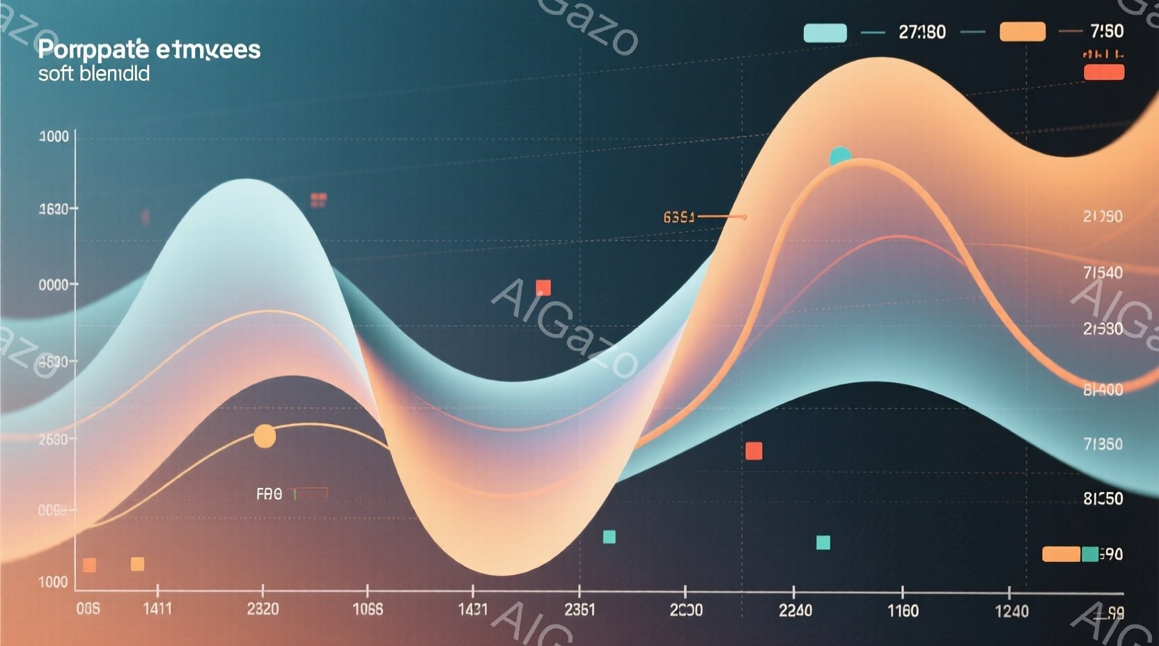 この画像は、複雑な線と色のグラデーションで構成された抽象的な図です。オレンジ、ピンク、水色の線が交差し、まるで波のような曲線を描いています。数値と小さな赤い四角形のマーカーが線上に散りばめられており、データやグラフを連想させます。