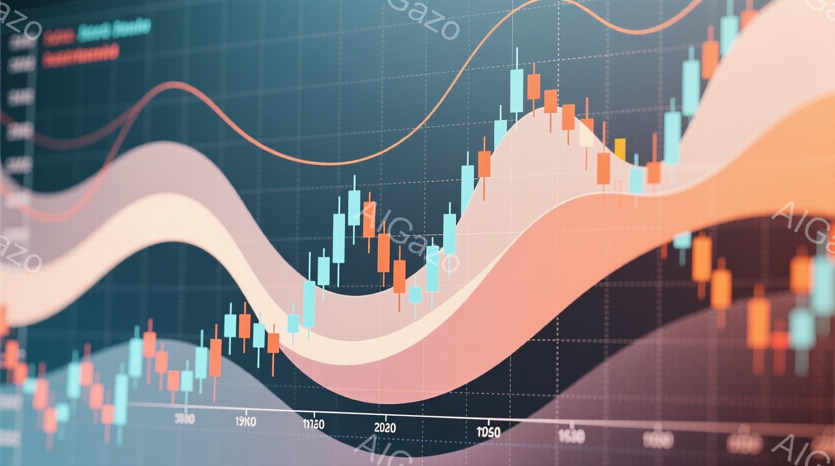この画像は、複雑な金融チャートの視覚的表現です。赤い曲線とオレンジ色の曲線が背景に重なり合い、複数の棒グラフ（ロウソク足）が、1990年、2020年、2050年などの年号が示された時間軸に沿って配置されています。全体的に、データ分析、市場動向、将来予測といった、金融とテクノロジーの分野を想起させる、ダイナミックで未来的な雰囲気を醸し出しています。