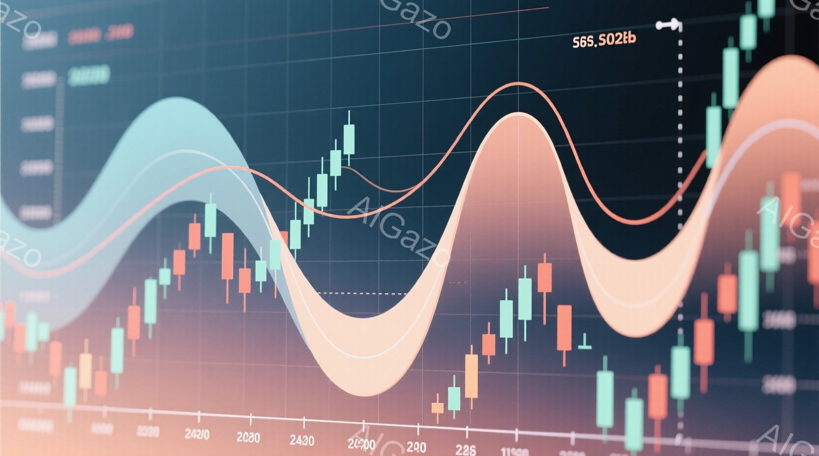 この画像は、株式市場のチャートを示しています。緑と赤のキャンドルスティックが、時間経過とともに価格変動を表し、オレンジ色の曲線がトレンドを示唆しています。背景は暗く、チャートとトレンドラインが際立っており、金融市場のダイナミックな動きを表現しています。