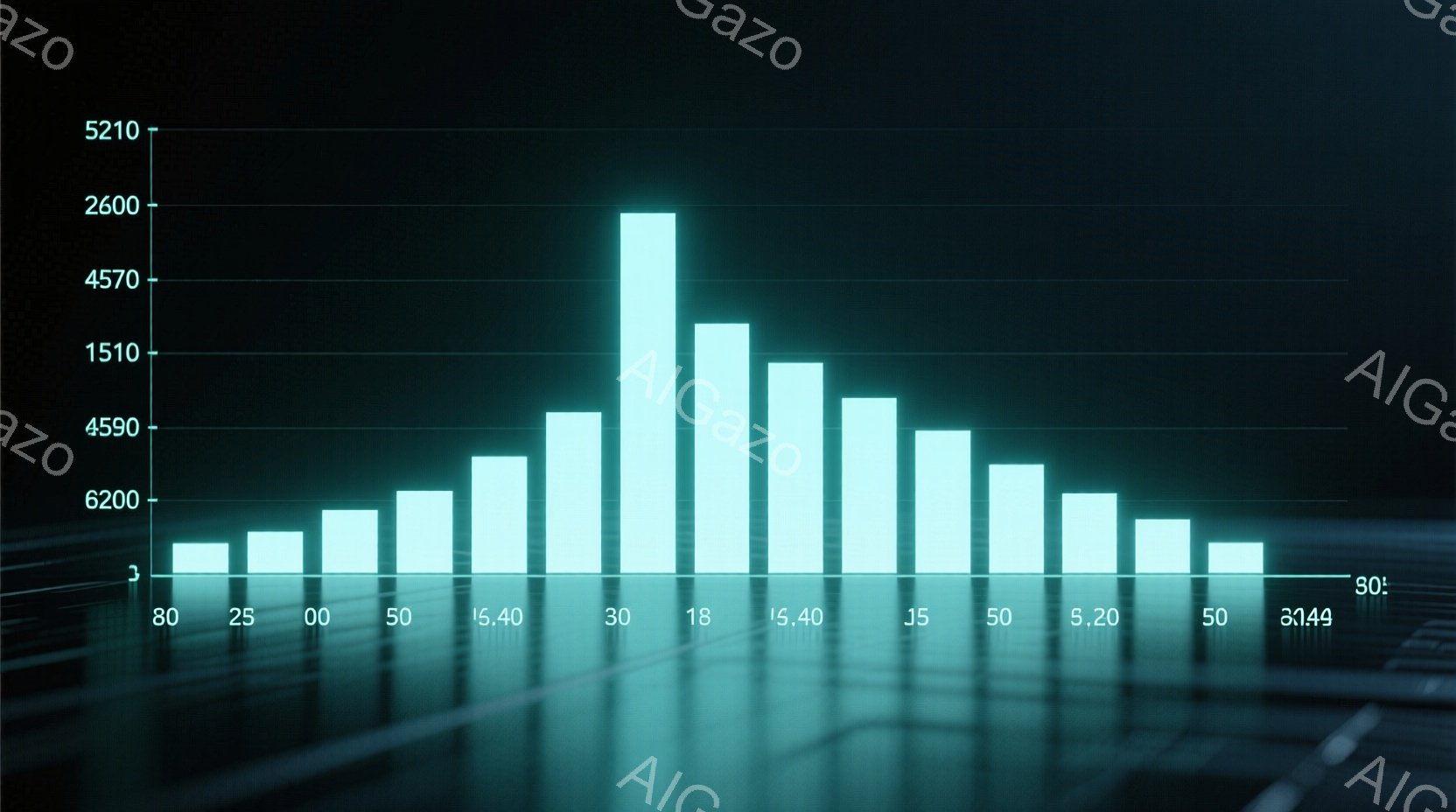 この画像は、青緑色の棒グラフが並んだ様子を捉えたもので、全体的に未来的な雰囲気を醸し出しています。棒の高さは変動しており、中央付近で最も高く、左右に向かって徐々に低くなっています。背景は暗く、グラフが光を放っているように見え、データや分析を視覚的に表現していることを示唆しています。